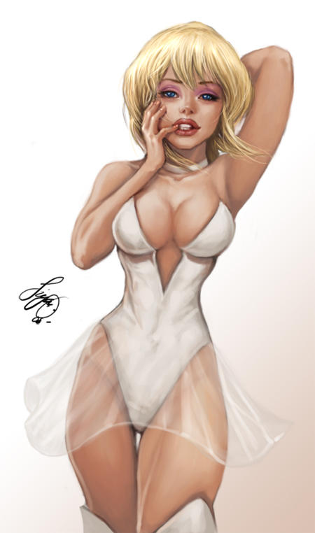 big breasts, blonde hair, blue eyes, breasts, busty, cleavage, cool world, curvaceous, curvy, dress, eyeshadow, female, finger to mouth, holli would, large breasts, leotard, makeup, mascara, nail polish, pink nail polish, pink nails, red lips, red lipstick, short hair, signature, simple background, siya oum, text, thick thighs, thighhighs, thighs, voluptuous, white background, white dress, white leotard, white thighhighs