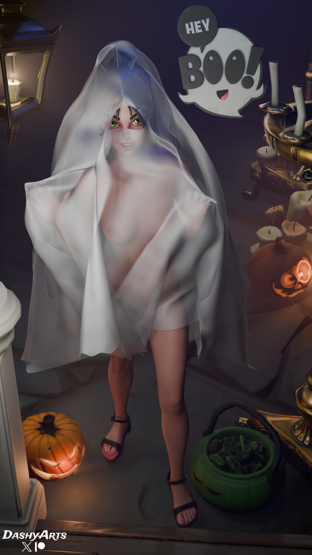 1girls, 3d, 3d (artwork), areola, areolae, blender, breasts, cloak, cloak only, costume, dashyarts, detailed background, epic games, female, female focus, female only, fortnite, fortnite: battle royale, freckles, freckles on face, ghost costume, green eyes, halloween, halloween costume, helsie (fortnite), light skin, light-skinned female, medium breasts, naked footwear, nipples, nude, nude female, petite, petite body, pumpkin, see-through, slim waist, small breasts, text, transparent, watermark