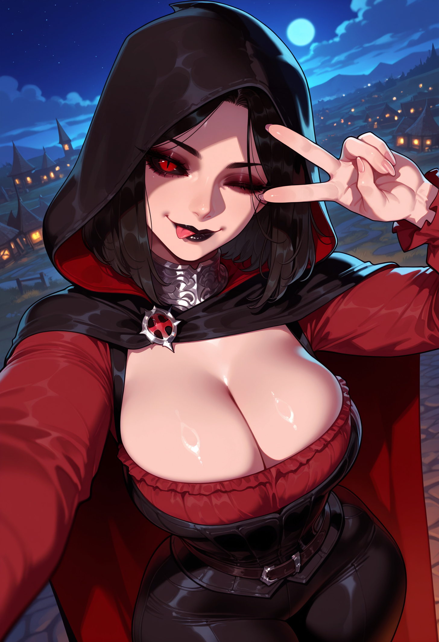 1girl, 1girls, ai generated, balecxi, belt, black cape, black hair, black lips, black pants, black sclera, bodice, breasts, cape, cleavage, cloak, clothing, cloud, colored sclera, corset, curvaceous, curvaceous female, curvaceous figure, curvy, curvy figure, eyeshadow, female, female focus, fingernails, frills, full moon, goth fashion, hood, hood up, hooded cape, hooded cloak, inviting, inviting to sex, large breasts, lips, lipstick, long fingernails, long sleeves, looking at viewer, makeup, mascara, moon, night, night sky, one eye closed, outdoors, pants, piercing, presenting breasts, presenting self, purple lips, red cape, red eyes, red lips, red shirt, runny makeup, seductive, seductive look, seductive smile, serana, shiny skin, shirt, short hair, sky, skyrim, smile, solo, star (sky), starry sky, the elder scrolls, tight pants, tongue, tongue out, tongue piercing, v, v over eye, vampire, voluptuous, voluptuous female, wide hips