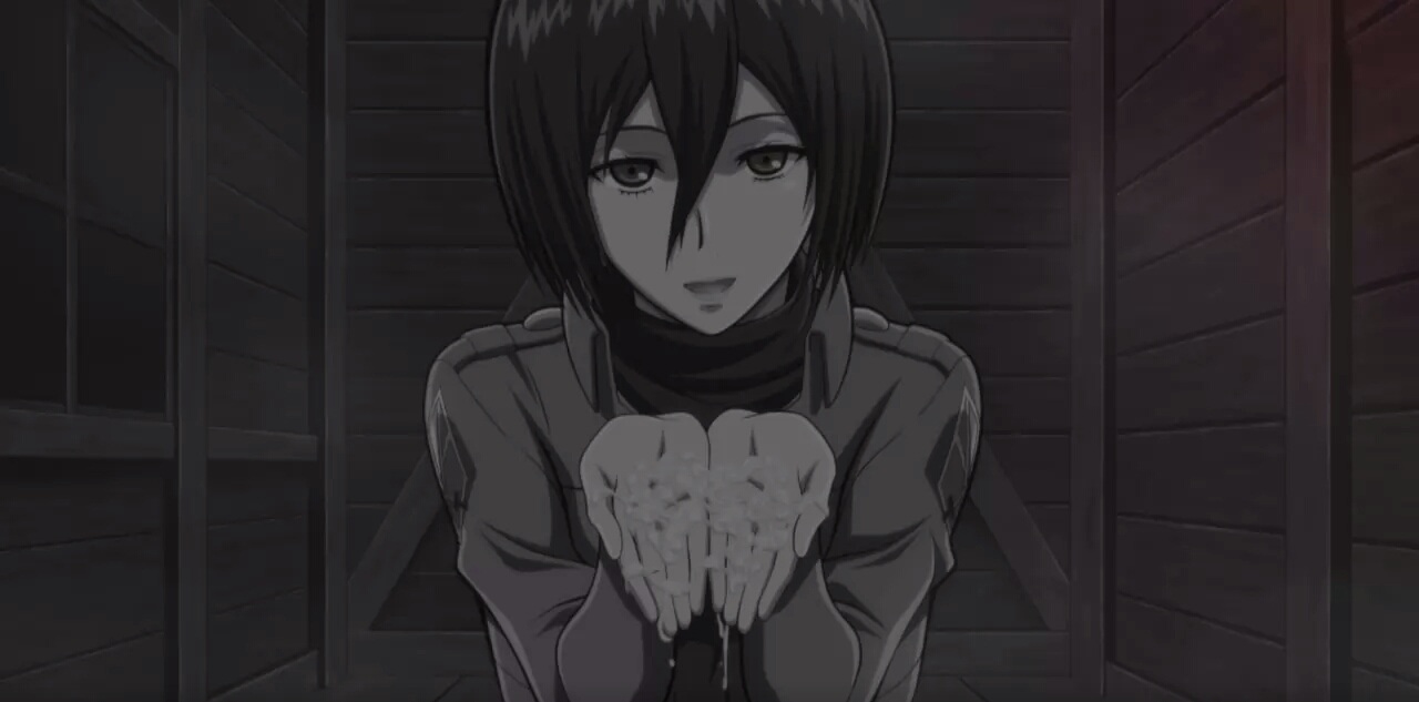 1girls, asian, attack on titan, black eyes, black hair, clothes, clothing, cum, cum drip, cum on hands, cum string, female, fringe, jacket, light skin, light-skinned female, looking at viewer, lost rarities, medium hair, mikasa ackerman, open mouth, pale skin, pale-skinned female, petite, scarf, seductive eyes, seductive mouth, shingeki no kyojin, short hair, smiling, solo, submissive female, takapiko