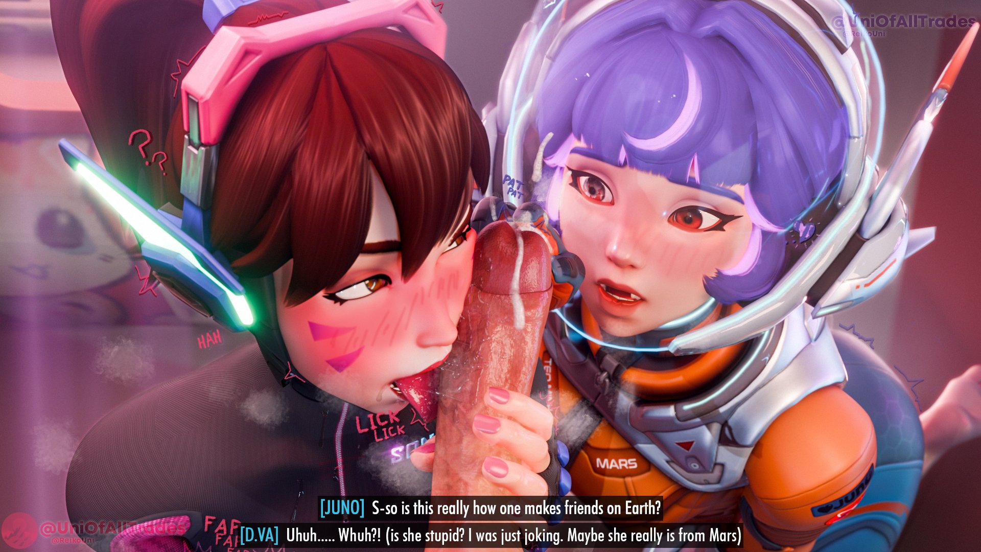 1boy, 2girls, 3d, blush, d.va, english text, female, juno (overwatch), licking penis, light skin, light-skinned female, light-skinned male, male, oral, oral sex, overwatch, penis, text, uniofalltrades