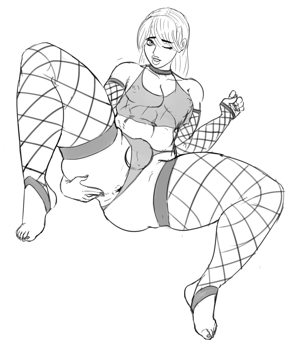 1boy, androgynous, anus, ass, axred7, balls, balls in panties, bimbo, bulge, crossdressing, feet, femboy, fishnet armwear, fishnet stockings, fishnet thighhighs, fishnets, flaccid, long hair, male, monochrome, nipples visible through clothing, penis, penis in panties, solo, thick thighs, thighhighs, trap, white background, wink