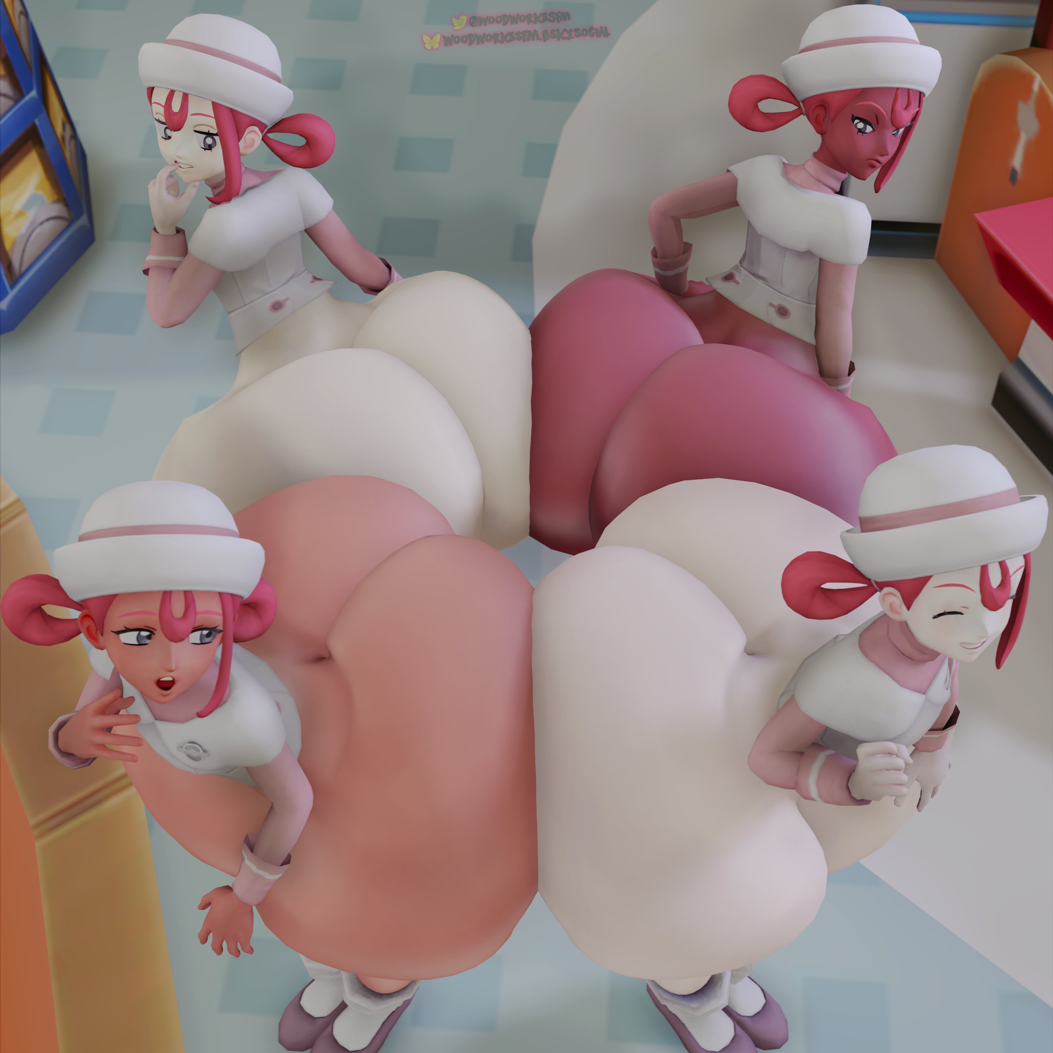 3d, 4girls, ass, ass to ass, bottom heavy, circle, female, female only, gigantic ass, hat, huge ass, joi (pokemon legends: z-a), joi (pokemon), massive ass, multiple girls, nurse, nurse cap, nurse joy, nurse joy (pokemon legends: z-a), nurse uniform, oakensfm, pink hair, pokemon, pokemon legends: z-a, sfm, woodworksfm, woodworkssfm