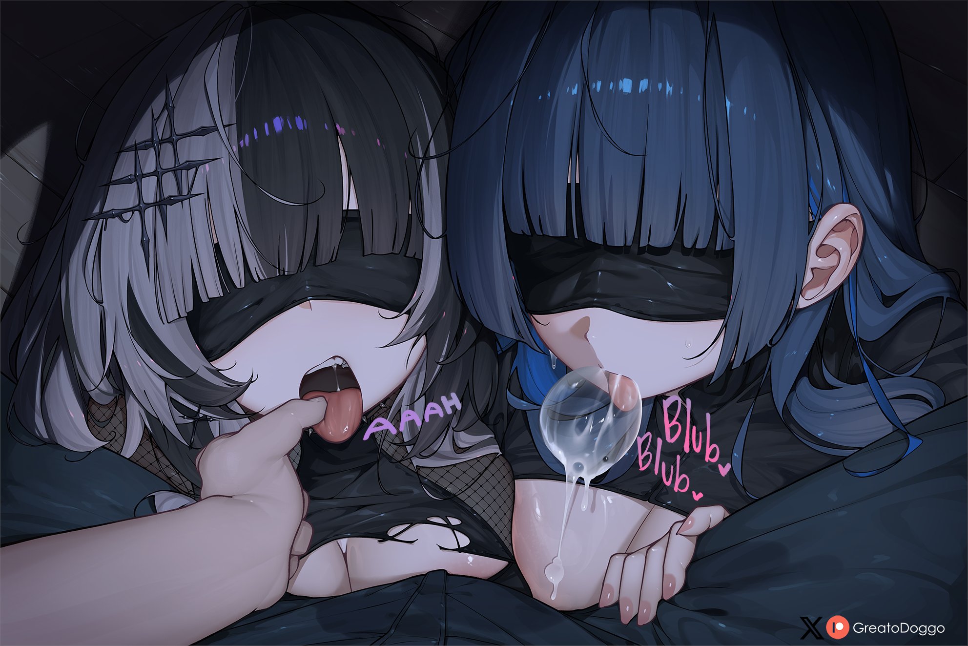 1girls, 2026, 2d, 2d (artwork), 2girls, blindfold, blindfolded, blue hair, bubble, color, colored, covered eyes, female, female focus, foreplay, greatodoggo, hololive, hololive english, hololive english -advent-, hololive english -council-, horny, horny female, large breasts, licking crotch, light skin, light-skinned female, male, male/female, open mouth, oral, ouro kronii, shiori novella, straight, threesome, through clothes, tongue, tongue out, virtual youtuber