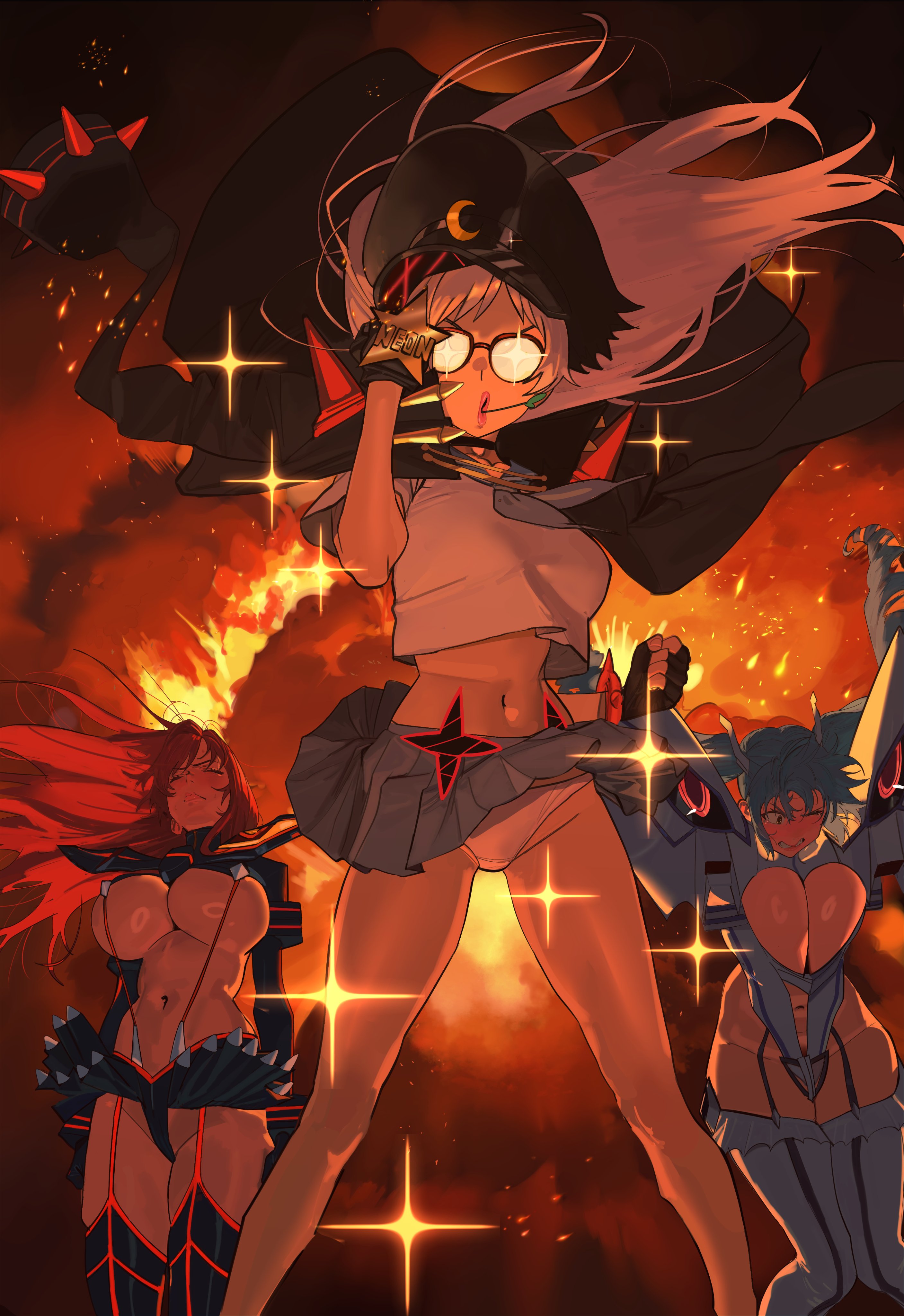 3girls, background explosion, big breasts, big thighs, breasts, bust, busty, cleavage, cosplay, curvaceous, curvy, curvy figure, embarrassed, enormous ass, enormous breasts, explosion, female, female only, glasses, goddess of victory: nikke, hat, hintobento, hips, hourglass figure, huge breasts, huge thighs, junketsu, junketsu (cosplay), kill la kill, kiryuuin satsuki (cosplay), large breasts, large thighs, legs, lips, mankanshoku mako (cosplay), matoi ryuuko (cosplay), mature, mature female, multiple females, multiple girls, neon (nikke), neon (vision eye) (nikke), privaty (nikke), rapi (nikke), rapi (red hood) (nikke), senketsu, senketsu (cosplay), skirt, slim waist, thick, thick ass, thick hips, thick legs, thick lips, thick thighs, thighs, twintails, voluptuous, waist, wide hips