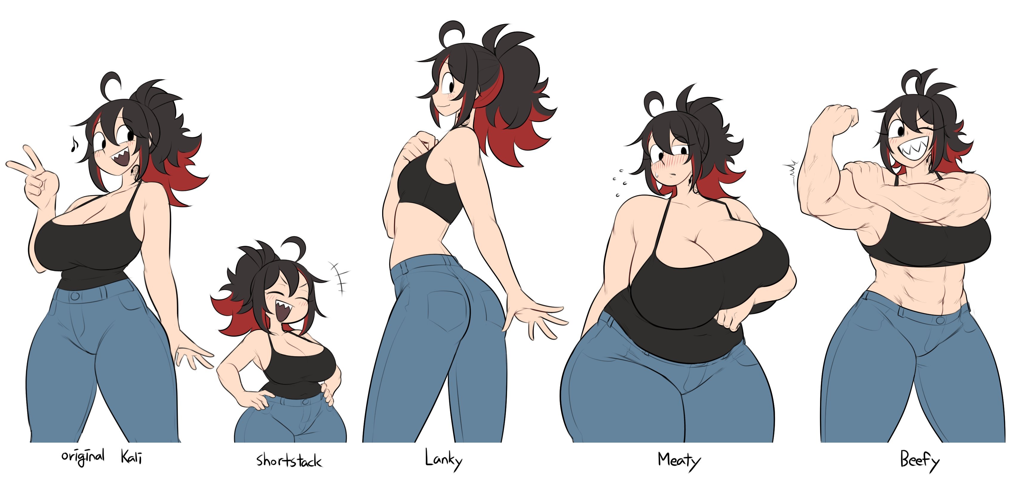 1girls, alternate breast size, black hair, huge breasts, kali (littlej/zi19191), littlej (zi19191), muscular female, original, ponytail, red hair, sharp teeth, shortstack, size difference, small breasts, smile, sweat, tomboy, transformation