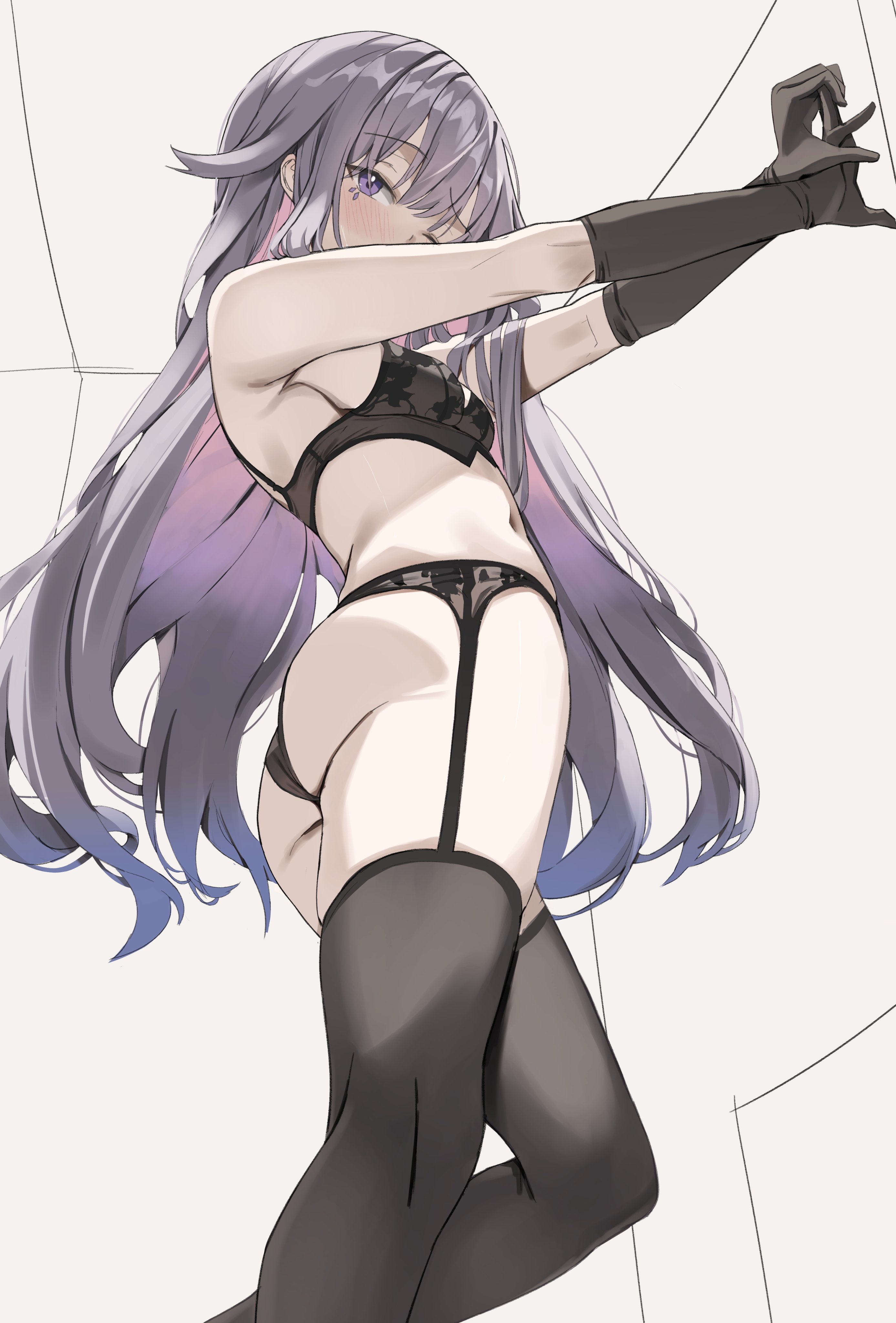 2026, 2d, 2d (artwork), ass, blush, color, colored, dressing, elbow gloves, female, female focus, female only, garter straps, gloves, hololive, hololive english, hololive english -advent-, koseki bijou, light skin, light-skinned female, lingerie, lingerie only, long hair, petite, petite body, petite female, purple hair, savior4429, scarlet (wv0102), small breasts, solo, solo female, solo focus, standing, virtual youtuber