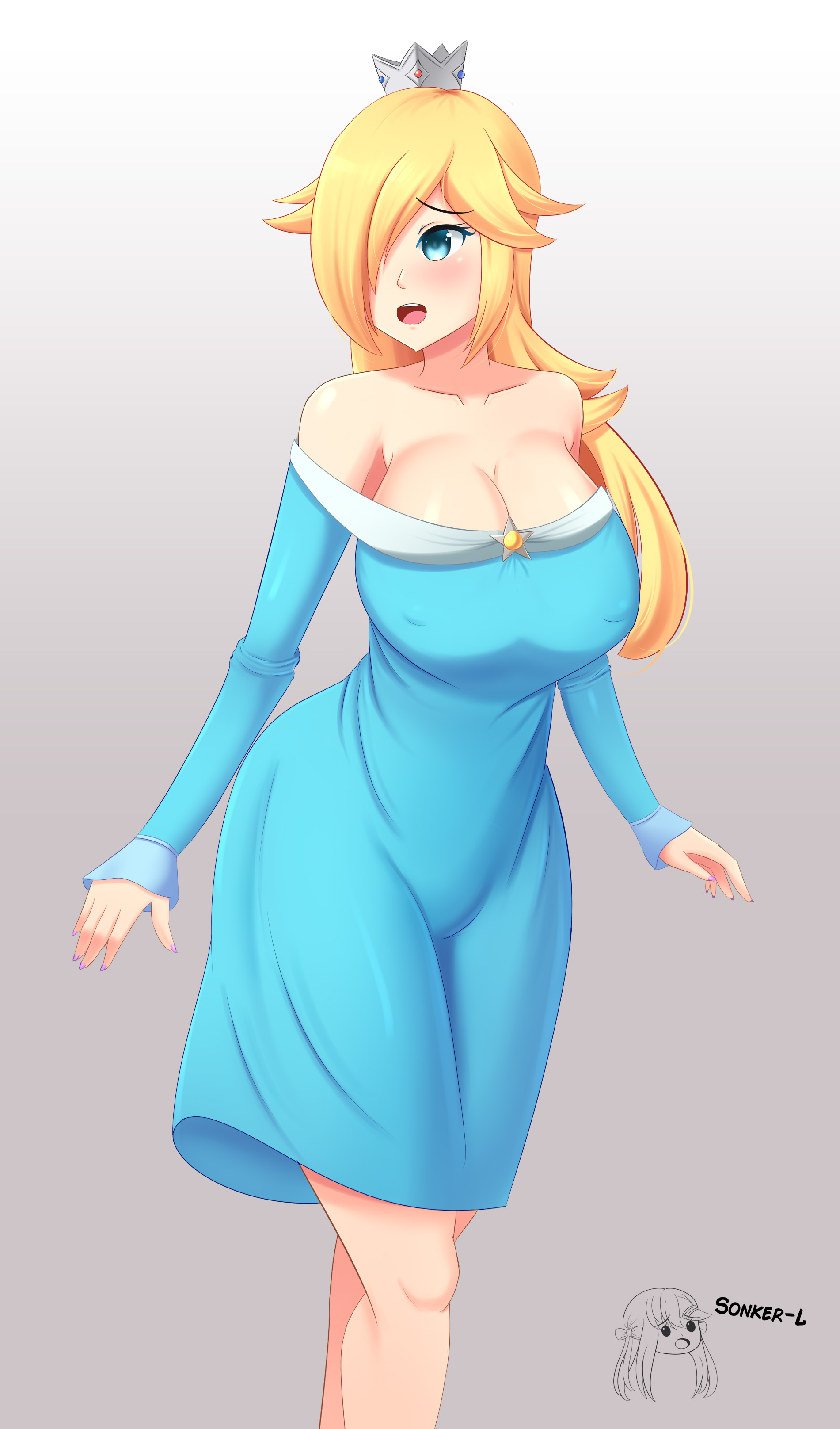 1girls, armpits, ass, bangs, bare shoulders, blonde hair, blue dress, blue eyes, blush, breasts, cleavage, crown, dress, erect nipples, eyelashes, female, female only, fingernails, grey background, hair over one eye, huge breasts, large ass, large breasts, long breasts, long hair, looking away, mario (series), nail polish, nintendo, nipples, open mouth, princess rosalina, purple nails, solo, sonker-lewds, standing, super mario galaxy, text, thick thighs, watermark, wide hips