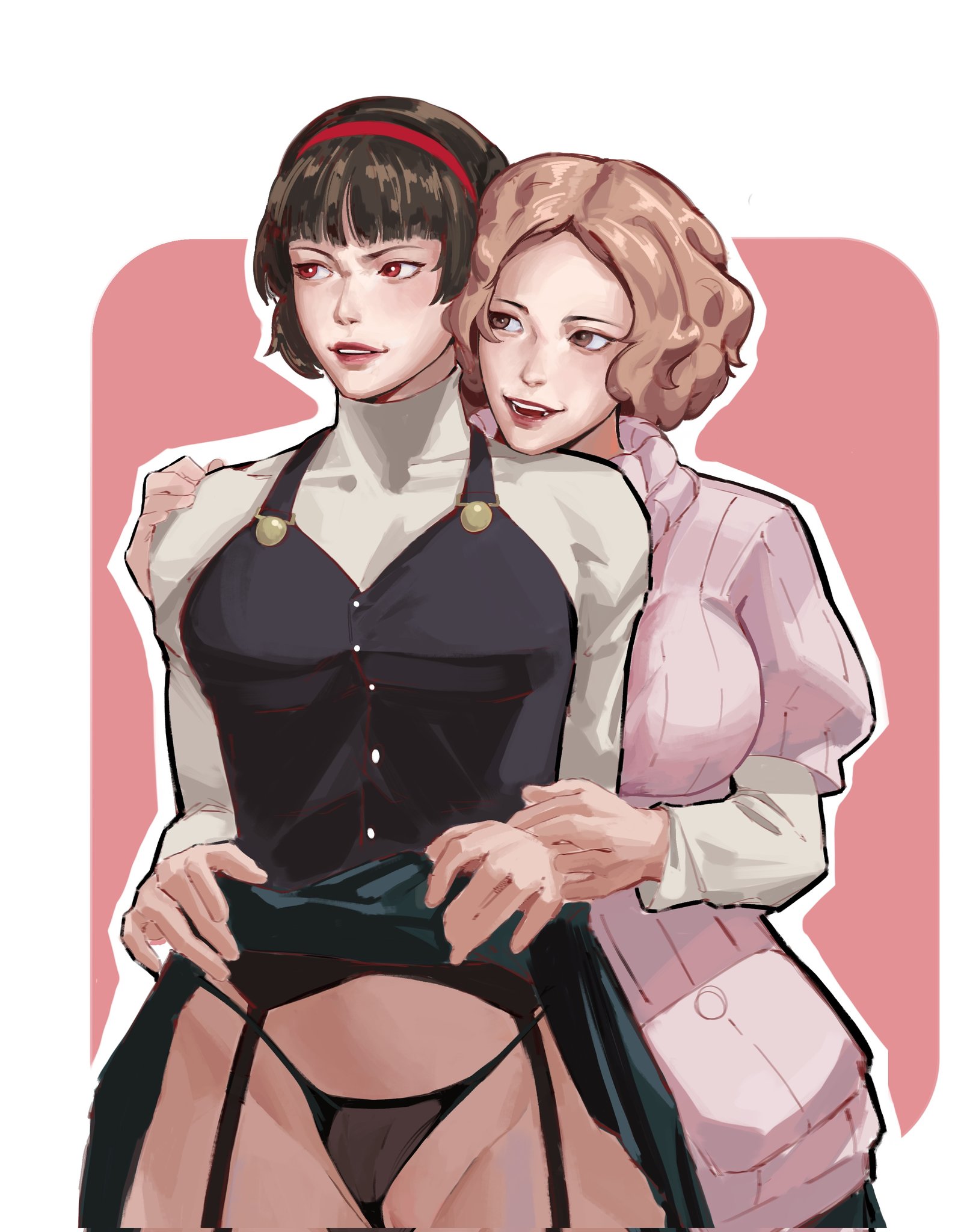 2d, 2girls, assisted exposure, atlus, barely visible pussy, big breasts, black lingerie, black thong, breasts, brown hair, clothed female, female, female only, fluffy hair, garter belt, garter straps, haru okumura, hi res, human, human female, human only, light skin, light skinned female, lingerie, makoto niijima, persona, persona 5, sega, short hair, skirt, skirt lift, skirt lifted by another, skirt up, thong, thong aside, tiara, wiwiwiwi29, yuri
