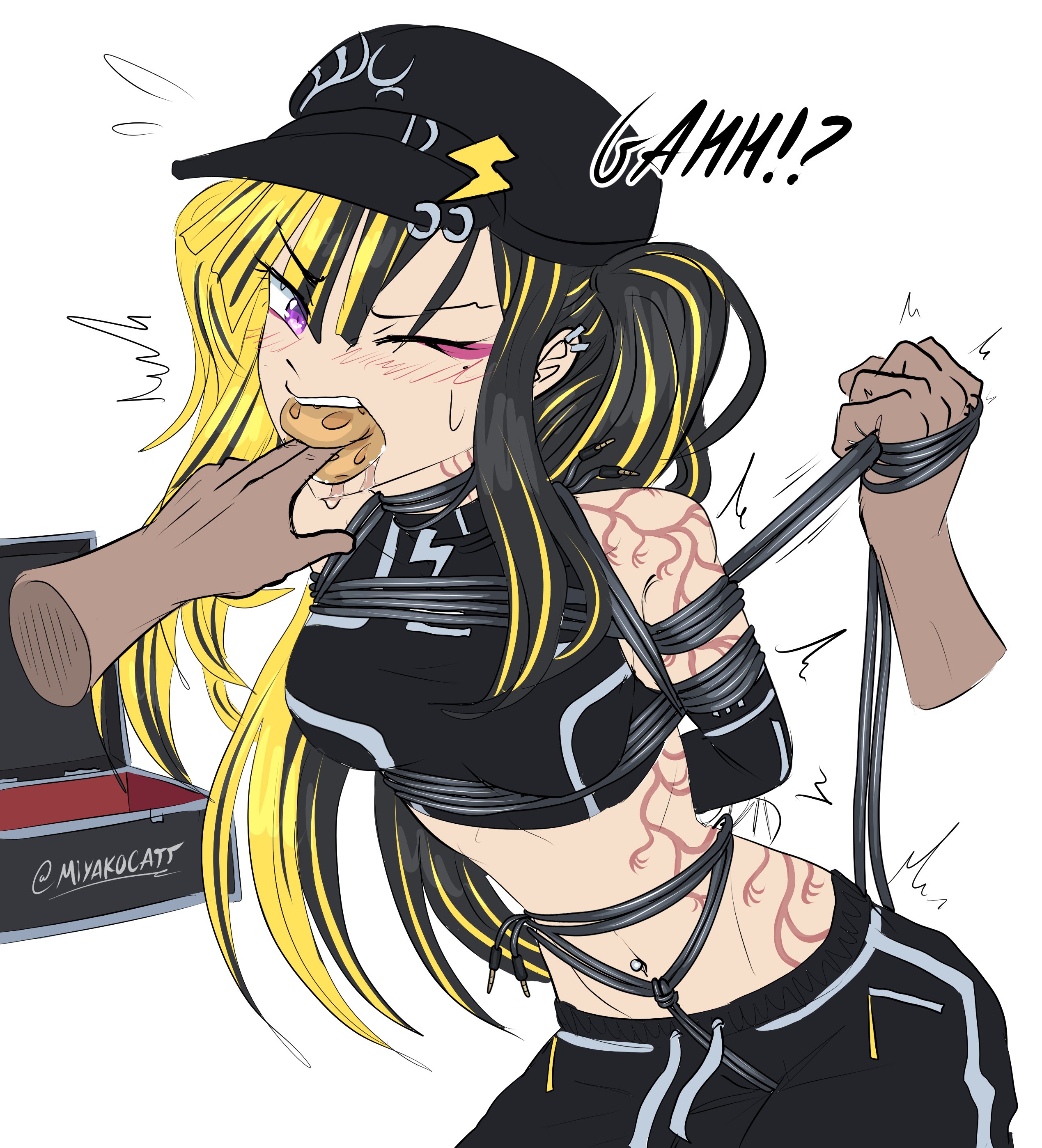 1girls, arms behind back, bare midriff, bare shoulders, belly button, belly button piercing, black cap, black hair, black hat, blonde hair, bondage, cable, crop top, crotch rope, drooling, ear piercing, eyeshadow, gag, gagged, gagged female, kidnapped, kidnapping, miyakocatt, original, original character, purple eyes, rope, rope bondage, rope harness, sleeveless shirt, sponge, twintails, twintails (hairstyle), two-tone hair