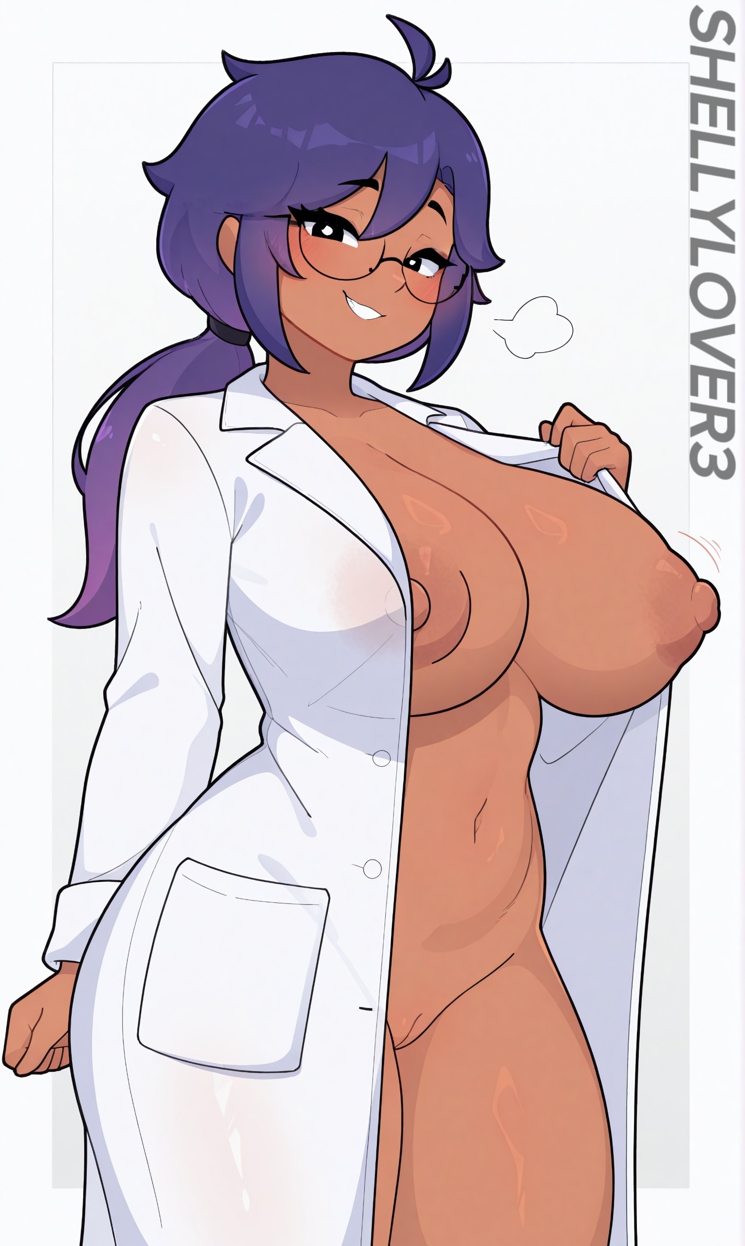 1girls, ai generated, big ass, big breasts, brawl stars, coat, completely nude, glasses, nipples, pussy, rosa (brawl stars), round glasses, solo, thick thighs, white coat