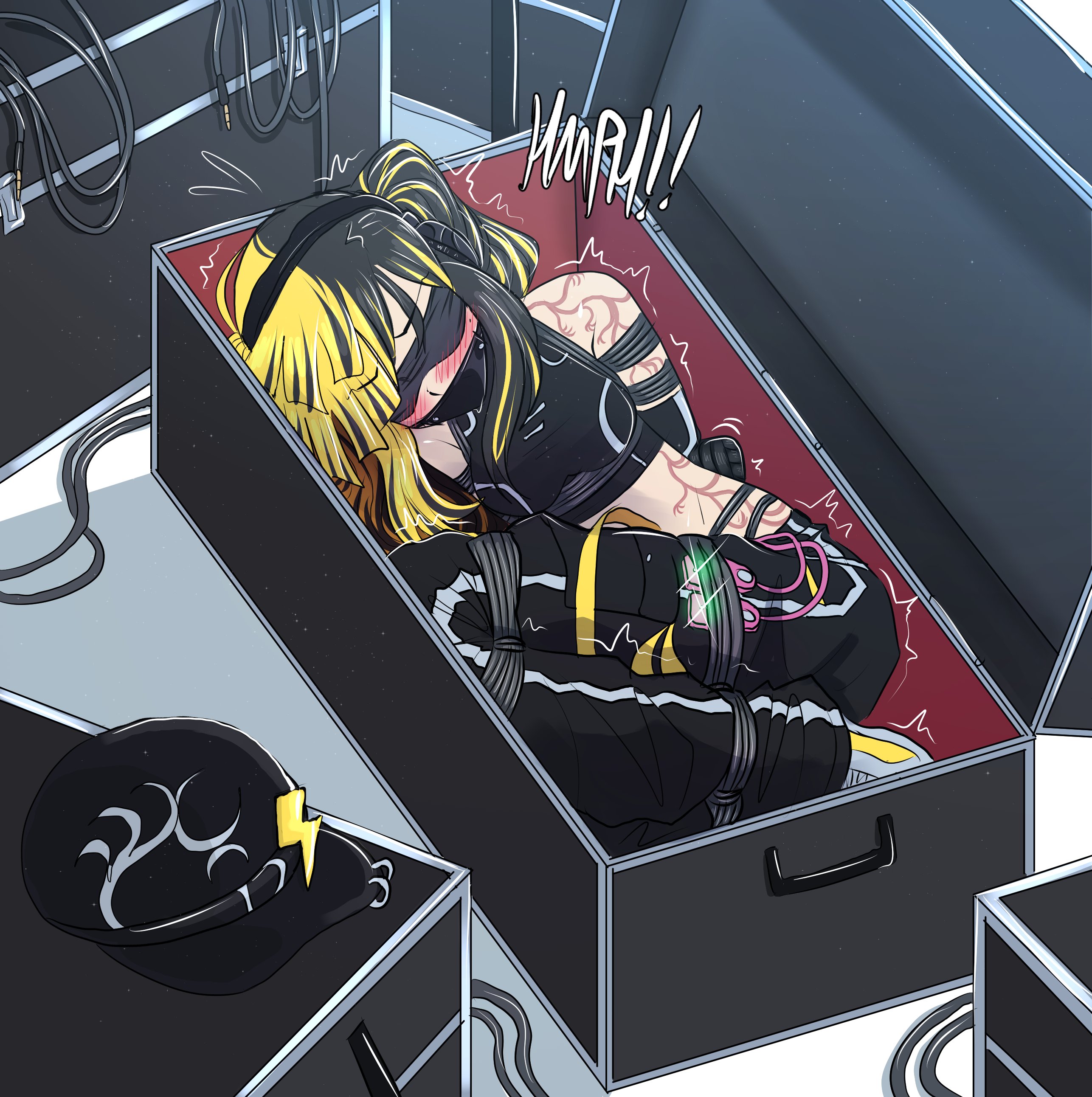 1girls, arms behind back, bare midriff, bare shoulders, belly button, belly button piercing, black cap, black hair, black hat, blindfold, blindfolded, blonde hair, bondage, cable, crop top, crotch rope, drooling, ear piercing, earmuffs, gag, gagged, gagged female, headphones, in container, kidnapped, kidnapping, miyakocatt, original, original character, panel gag, pants, rope, rope bondage, rope harness, sleeveless shirt, sneakers, sponge, taped hands, tremble spikes, trembling, twintails, twintails (hairstyle), two-tone hair, vibrator