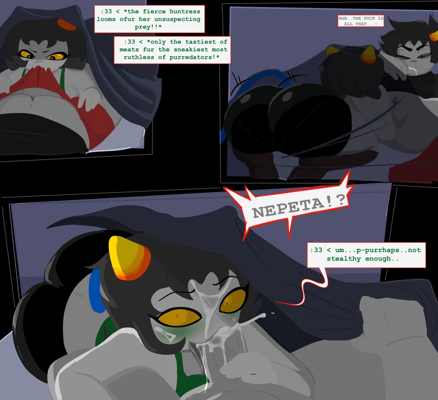 blowjob, bubble butt, catgirl, cum, cum on face, dialogue, homestuck, homestuck troll, huge ass, itsjustsarco, karkat vantas, massive penis, nepeta leijon, questionable consent, surprised, under covers, waking up