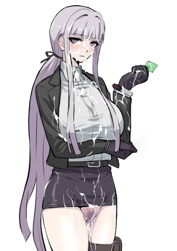 1girls, akizora, condom, cum in pussy, cum on clothes, cum on face, cum on hair, danganronpa, danganronpa: trigger happy havoc, female, female only, kirigiri kyoko, miniskirt, purple eyes, pussy, silver hair, solo, straight hair, tagme, white background