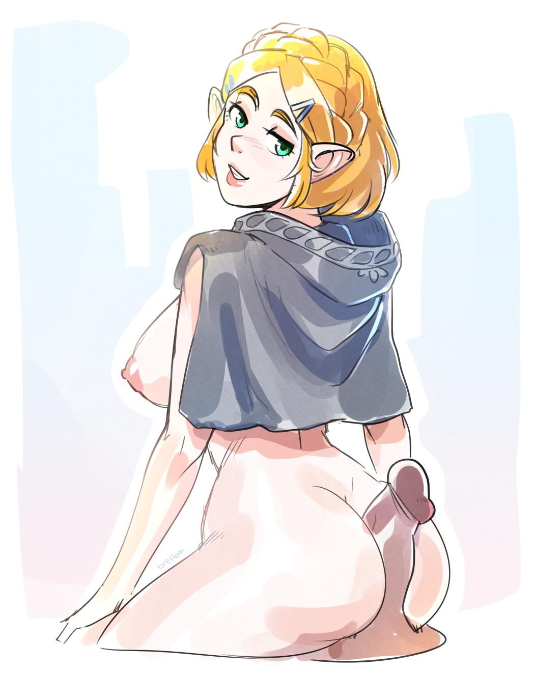 ass, assjob, blonde hair, breath of the wild, brellom, buttjob, capelet, female, female artist, hot dogging, nude, princess zelda, short hair, tears of the kingdom, the legend of zelda, zelda (tears of the kingdom)