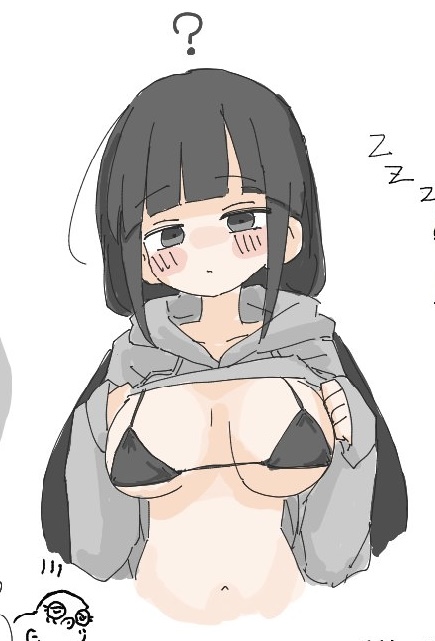 ?, 1girls, artist request, bikini, bird, black bikini, black eyes, black hair, blunt bangs, breasts, emotionless, expressionless, flashing, flashing breasts, grey hoodie, hood down, hoodie, hoodie lift, inabakumori, large breasts, long hair, looking at viewer, low twintails, mv character, navel, osage-chan, sidelocks, twintails, zzz