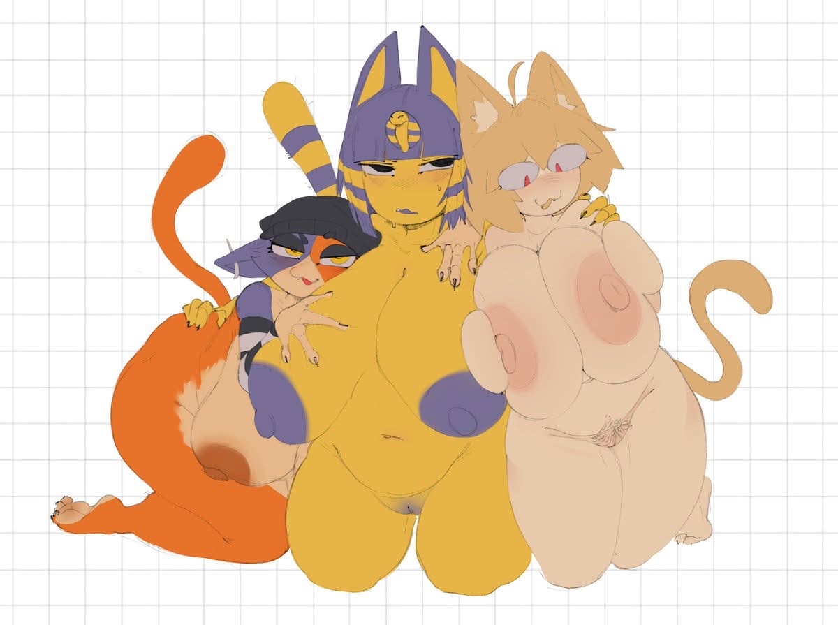 3girls, animal crossing, ankha, ankha (animal crossing), anthro, anthro only, blonde hair, cat girl, catgirl, feline, feline humanoid, female, fortnite, furry, huge breasts, melty blood, meow skulls (fortnite), michael jordan, neco-arc, sosohipus, tsukihime