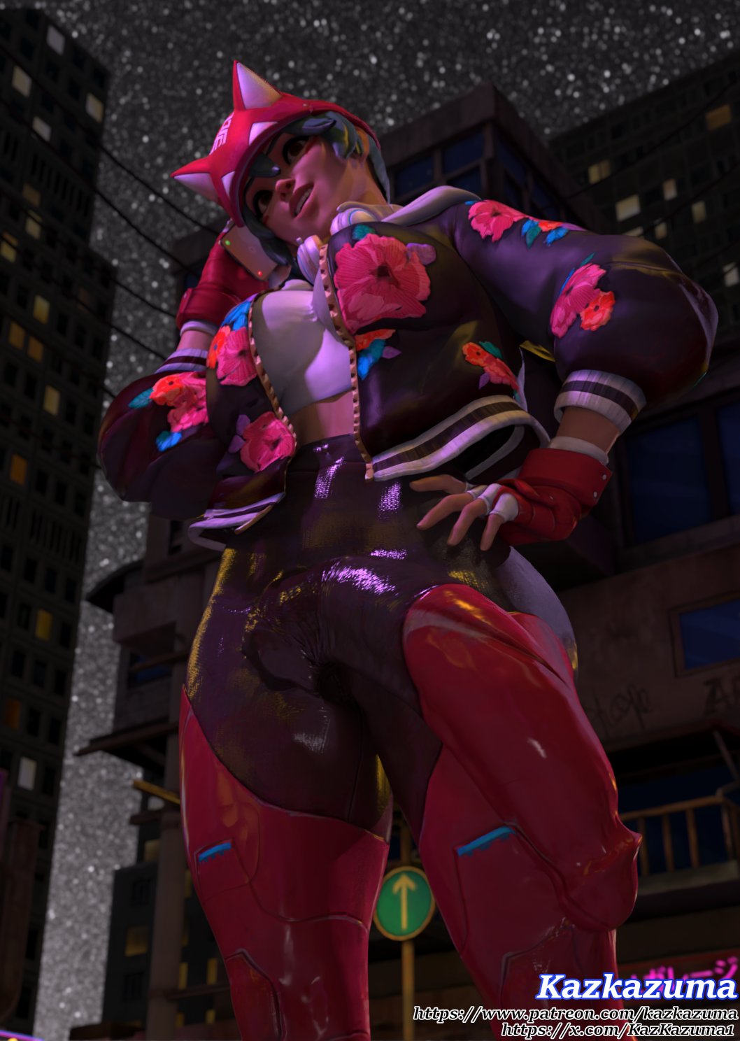 1futa, 3d, 3d render, asian, asian futa, big balls, big breasts, big penis, big thighs, blizzard entertainment, bulge, bulge down leg, bulge through clothing, bulging penis, fully clothed, futa focus, futa only, futanari, green hair, headband, headwear, huge cock, hung, hung futa, hyper penis, jacket, japanese, kazkazuma, kiriko (overwatch), light-skinned futa, night, night sky, outdoors, overwatch, penis bulge, solo, solo futa, thick thighs