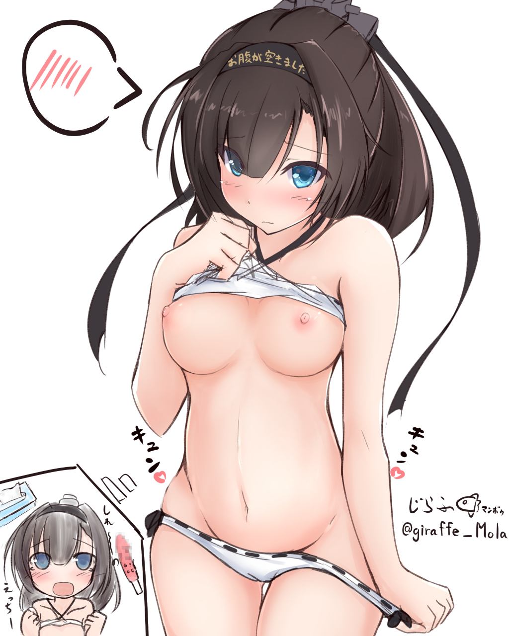 1girls 2019 akizuki_(kantai_collection) ass_visible_through_thighs big_breasts bikini black_hair black_hairband bloated blue_eyes blush breasts breasts_out censored closed_mouth collarbone dated embarrassed female female_only food giraffe_(ilconte) hairband halter_top halterneck highres implied_pregnancy implied_sex kantai_collection lifted_by_self looking_at_viewer navel open_mouth ponytail self_expose simple_background solo swimsuit thigh_gap tissue_box translation_request twitter_username upper_body white_background white_bikini