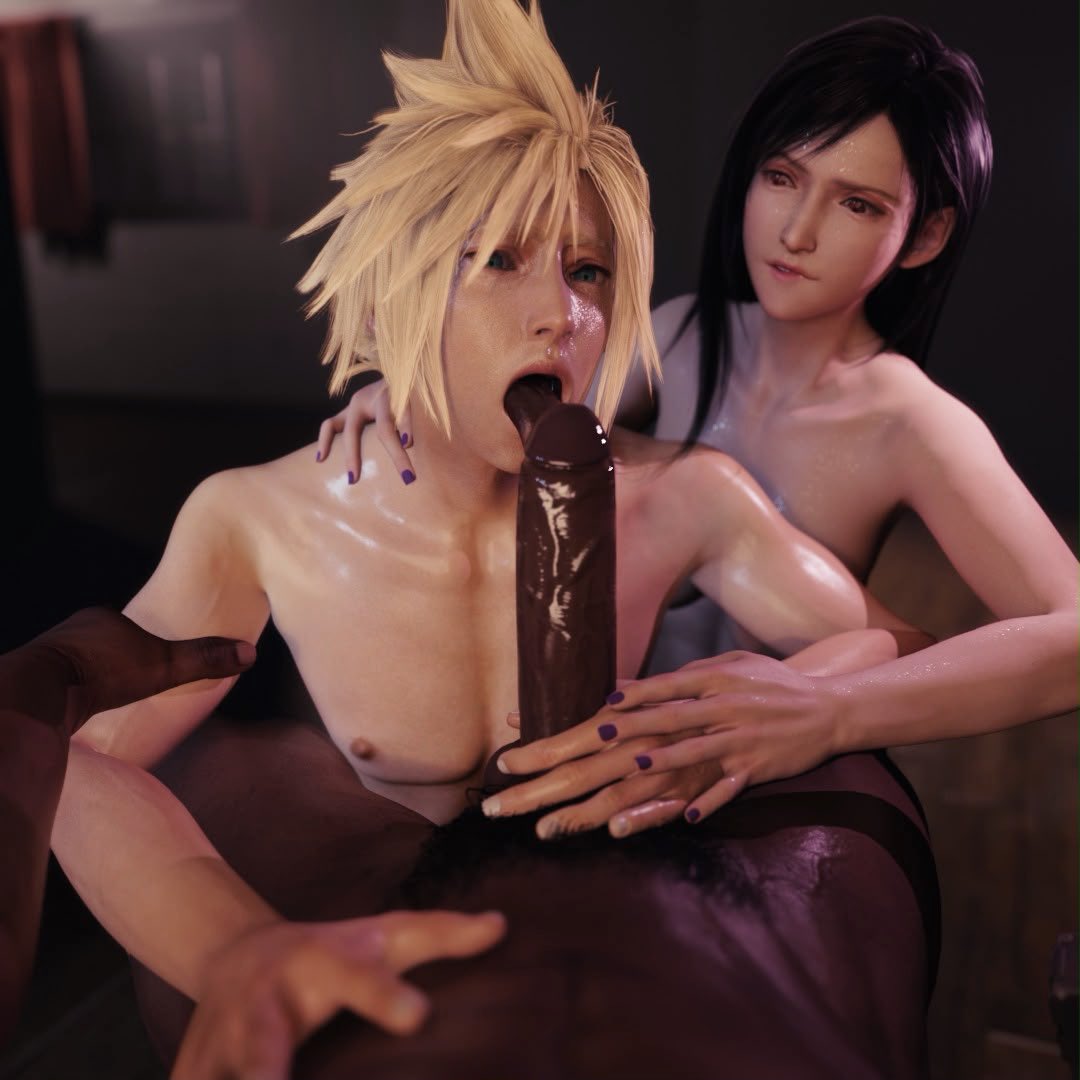 3d, barret wallace, bi domination, bisexual, bisexual male, blonde hair, blowjob, boobs, cloud strife, cock, cock worship, dark skin, dark-skinned male, dick, female supporting yaoi, final fantasy, final fantasy vii, final fantasy vii remake, gay, giver pov, hotkuppakaffree, interracial, mmf threesome, naked female, naked male, pov, square enix, sweat, threesome, tifa lockhart, tongue out, twink, yaoi, yaoi with female audience