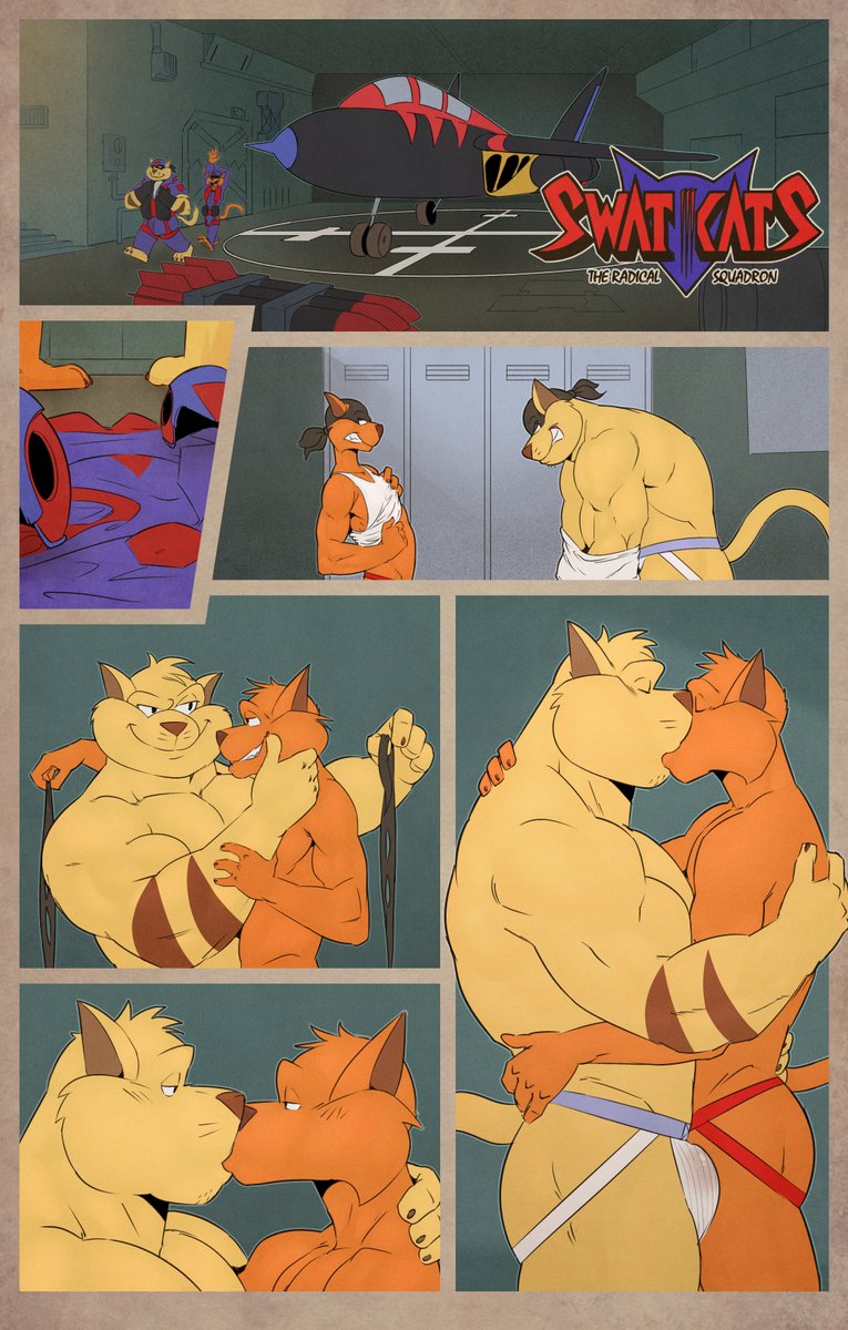 anthro bulge chance_furlong clothing comic duo english_text felid feline gay hanna-barbera hi_res hug jake_clawson kazushi kissing male male/male male_only mammal mask muscular swat_kats undressing yaoi