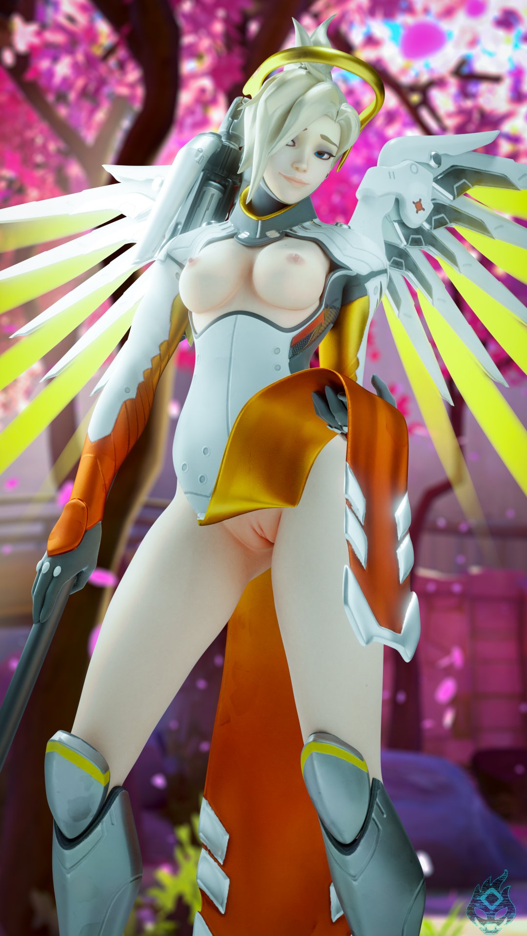 1girls, 3d, areolae, blender, breasts, female, female only, its-gergless, looking at viewer, mercy, nipples, overwatch, pussy, solo