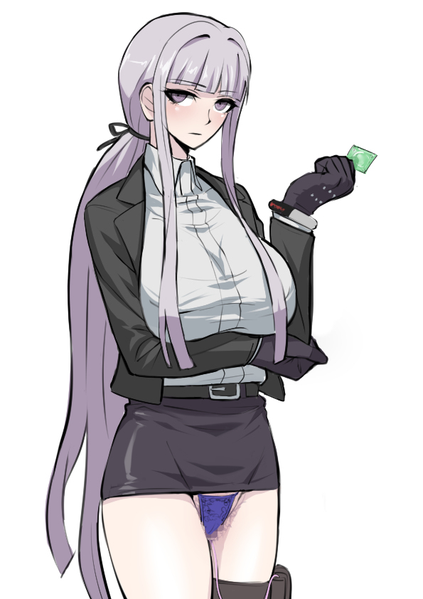 1girls, akizora, beltskirt, clothed female, condom, danganronpa, danganronpa: trigger happy havoc, female, female only, gloves, kirigiri kyoko, miniskirt, purple eyes, purple skirt, silver hair, skirt, solo, straight hair, tied hair, vibrator under panties, white background, white hair