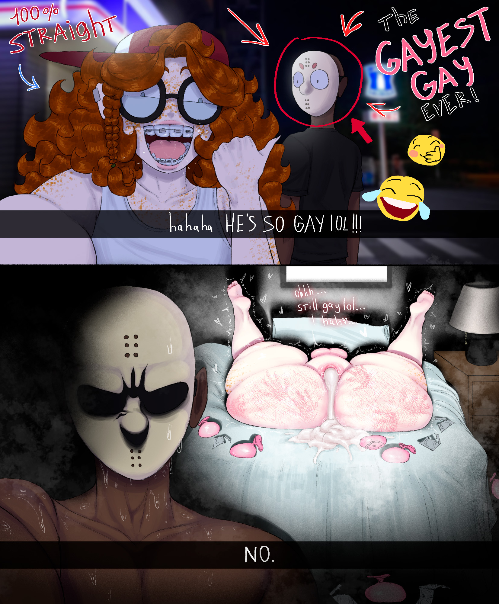 2026, 2boys, adych, anus, ass, balls, before and after, big ass, braces, bubble butt, caption, clothing, condom wrapper, cum, cum in ass, cum leaking, cum leaking out of anus, dark skin, dark-skinned male, fat ass, feet, femboy, freckles, gay, gay denial, glasses, handprint, handprint on ass, hockey mask, huge ass, indoors, instant loss, instant loss 2koma, interracial, kevin (adych), large ass, legs up, light skin, light-skinned male, mask, massive ass, nude, nude male, original, original character, original characters, outdoors, penis, selfie, text, thick ass, thick thighs, thunder thighs, used condoms, wide hips, yaoi
