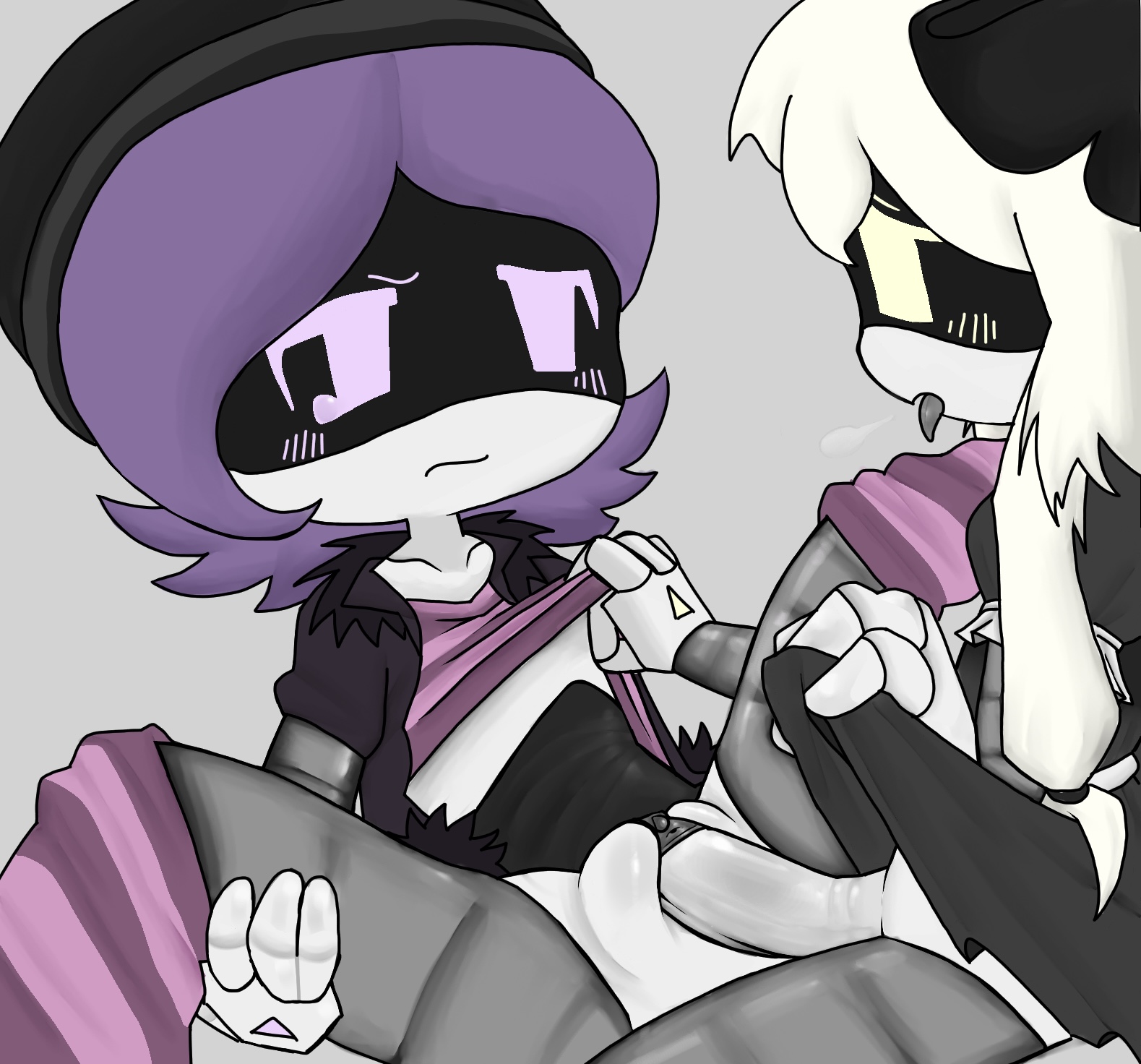 1futa, 1girls, basic background, clothing, crying, cyn (murder drones), futa on female, futanari, glitch productions, lifting own clothes, lifting shirt, lifting skirt, murder drones, purple eyes, purple hair, spread legs, tongue out, uzi (murder drones), uzi doorman, vaginal penetration, yellow eyes
