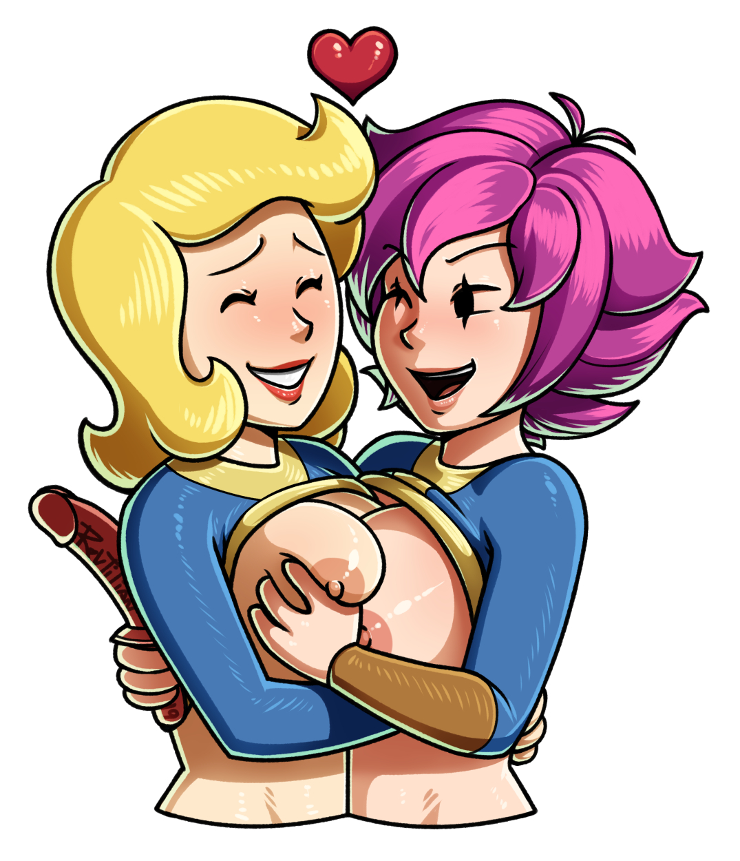 2019, 2girls, areolae, bethesda softworks, big breasts, blonde hair, breast grab, breast squish, breasts, breasts frottage, cignis strom (revtilian), closed eyes, clothing, dildo, exposed breasts, fallout, female, female only, hair, heart, jumpsuit, mob face, multiple females, multiple girls, nipples, one eye closed, pink hair, revtilian, sex toy, uniform, vault girl, vault suit, video games, yuri