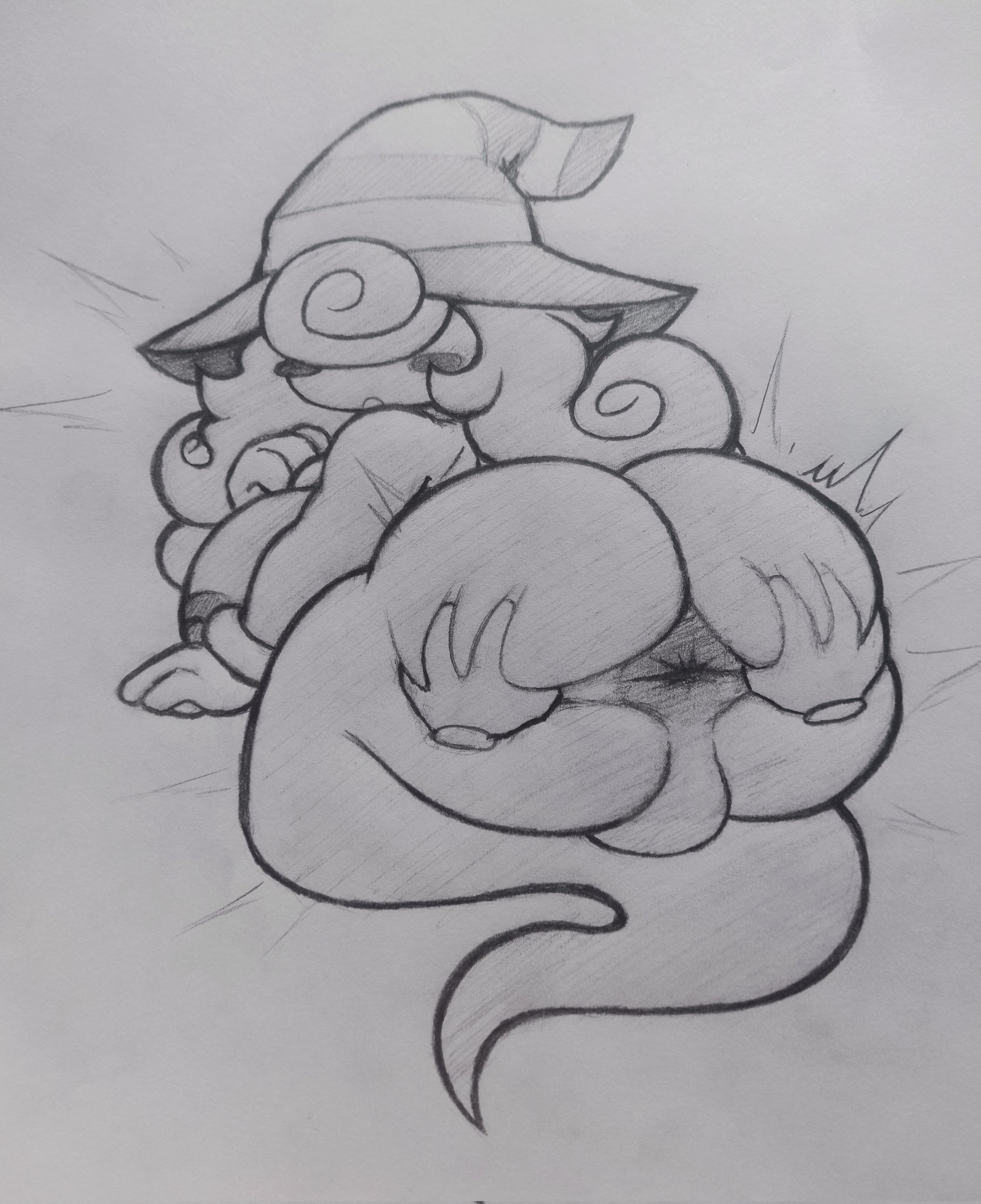 1girls, anus, areolae, black and white, blush, blushing, booty, breasts, disembodied hand, disembodied hands, female, ghost tail, gloves, grey scales, hair covering eyes, long hair, mario (series), monochrome, nintendo, nipples, paper mario, pencil (artwork), rand0m 293, shadow, shadow creature, sideboob, simple background, smiling, traditional media (artwork), trans woman, vivian (paper mario)