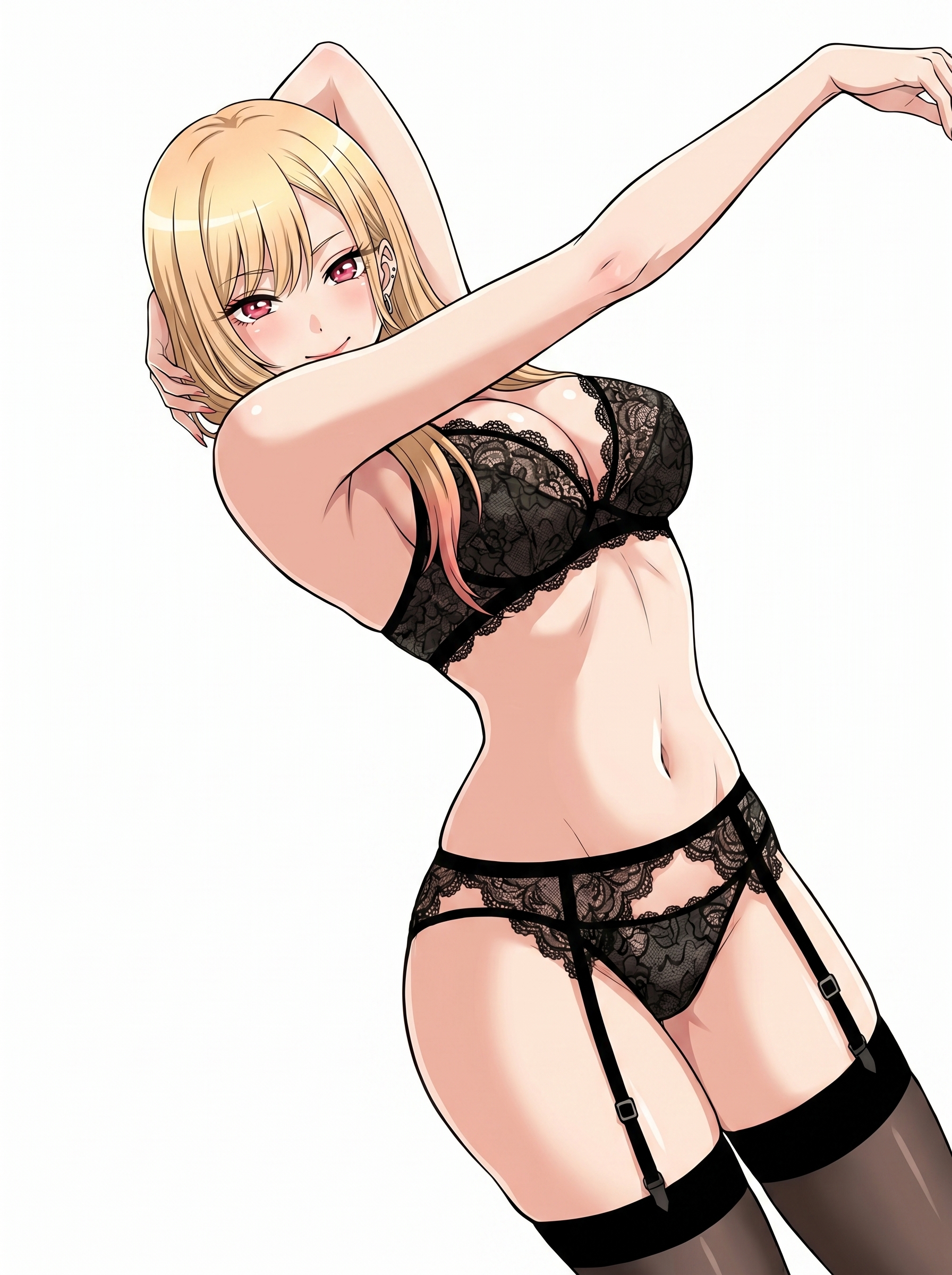 ai generated, arms up, big breasts, black lingerie, blonde hair, bra, cleavage, earrings, garter belt, garter straps, hourglass figure, kitagawa marin, lace-trimmed bra, lace-trimmed panties, lingerie, lingerie only, long hair, looking at viewer, marin kitagawa, midriff, my dress up darling, panties, pink eyes, posing, posing for the viewer, red eyes, simple background, sono bisque doll wa koi wo suru, stockings, thighhighs, white background, wide hips, younger female