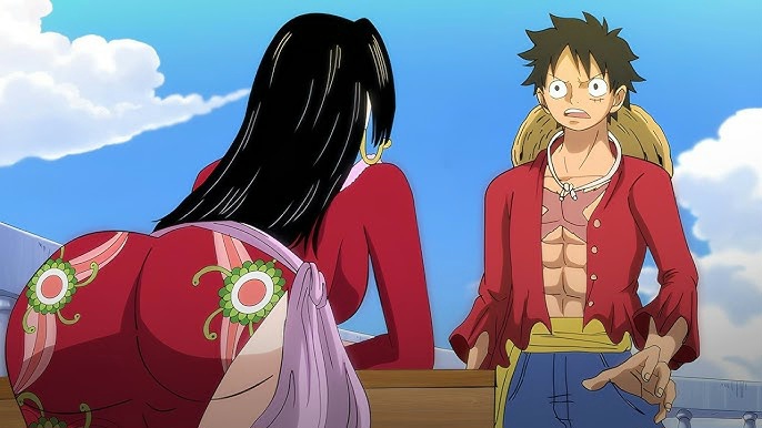 1boy 1girls abs artist_request ass_focus big_ass black_hair boa_hancock dress earrings empress fat_ass female male monkey_d_luffy one_piece scar