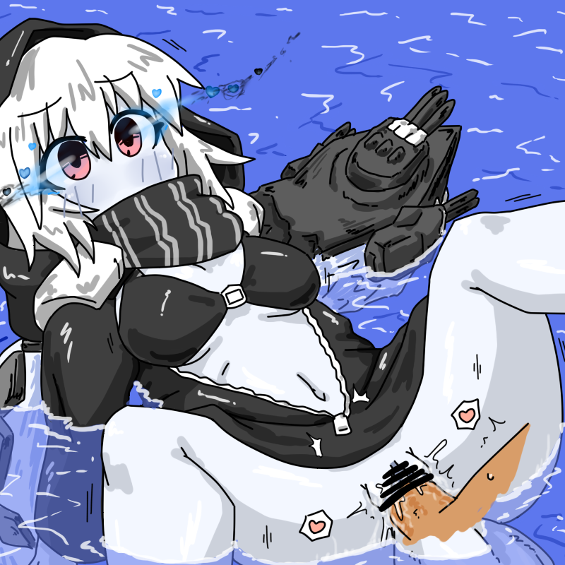 1boy ^^^ abyssal_ship afloat bikini bikini_top_only black_bikini black_scarf blush breasts censored clothed_sex commentary_request covered_mouth eye_trail feet_out_of_frame female glowing glowing_eyes hair_between_eyes happy_sex heart hood hoodie kantai_collection light_trail long_sleeves lying medium_breasts navel o-ring o-ring_top on_back pale_skin partially_submerged partially_unzipped penis pussy pussy_juice re-class_battleship red_eyes scarf short_hair solo_focus spread_legs straight striped_clothes striped_scarf swimsuit turret umeboshi_x vaginal_penetration water white-skinned_female white_hair