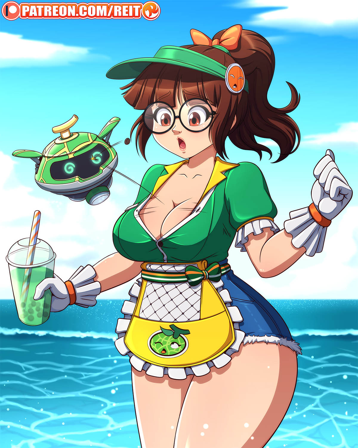 alternate costume, ass, background, beach, big ass, big breasts, boba tea, breasts, brown eyes, brown hair, cleavage, curvy, eyewear, female, glasses, honeydew mei, mei (overwatch), overwatch, overwatch 2, overwatch league, patreon, ponytail, reit, shorts, snowball (overwatch), standing, thick thighs, tight clothing, wide hips