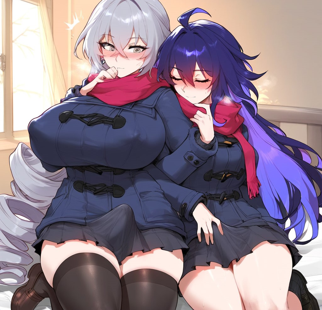 2girls ahoge ai_generated bangs black_footwear black_legwear blush breasts bronya_rand bulge bulge_through_clothing closed_eyes embarrassed eyebrows_visible_through_hair futanari grey_eyes grey_hair hair_between_eyes honkai:_star_rail honkai_(series) huge_breasts long_hair multiple_girls pleated_skirt red_scarf scarf seele_(honkai:_star_rail) shoes skirt sleeping thick_thighs thighhighs thighs very_long_hair