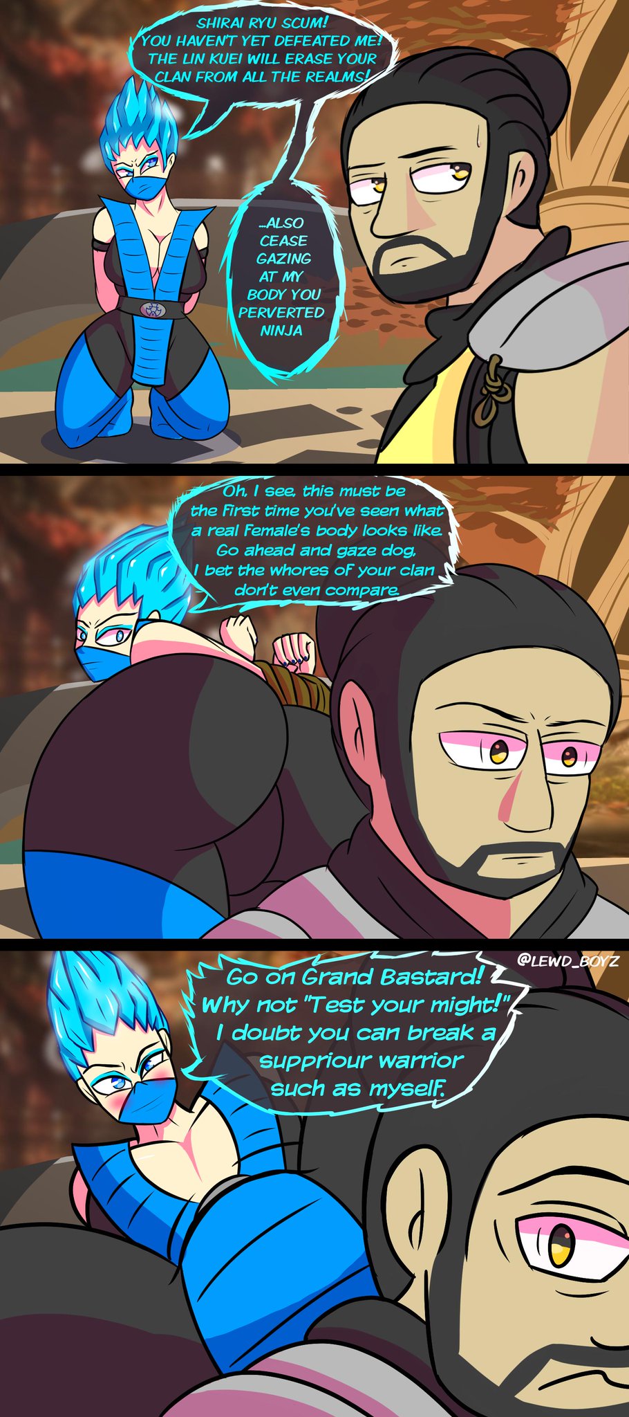 2d ass blue_eyes blue_hair blush breasts defeated female frost_(mortal_kombat) hanzo_hasashi male mortal_kombat presenting scorpion_(mortal_kombat) seductive text yellow_eyes