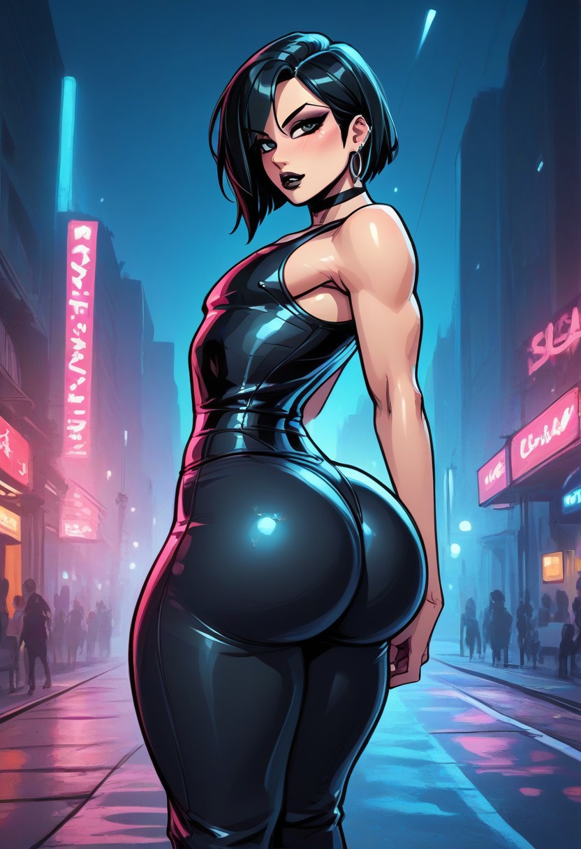 1boy, ai generated, ass, ass focus, back view, big ass, black clothing, black hair, black legwear, bubble ass, bubble butt, city, emo, femboy, femboyarashi, girly, goth, huge ass, looking at viewer, male, night, thick thighs, thighs