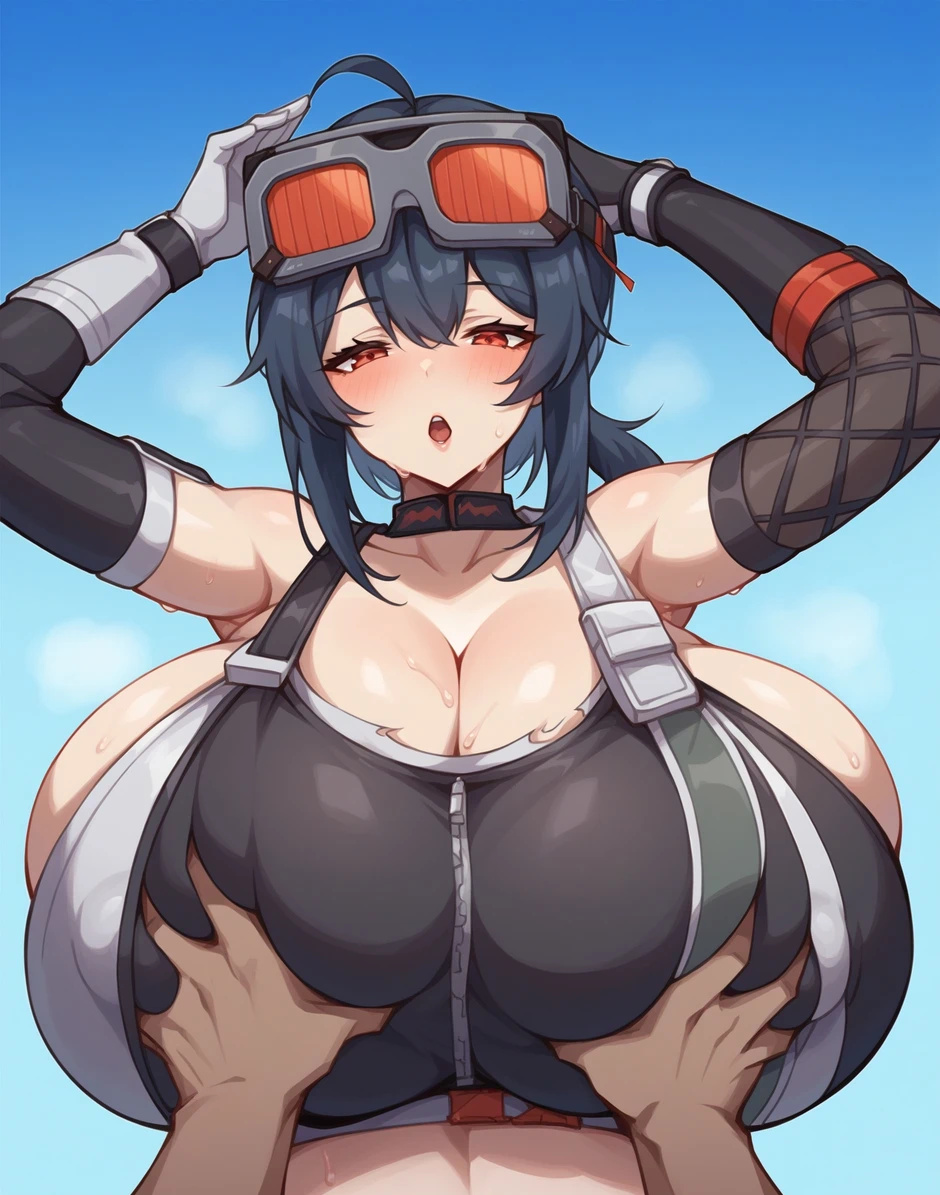 1boy 1girls ai_generated black_hair blush breast_grab embarrassed enormous_breasts gigantic_breasts glasses_on_head grace_howard huge_breasts light-skinned_female light_skin looking_at_viewer massive_breasts milkersenjoyer ponytail red_eyes smiling squatting sweat sweatdrop tank_top thick_body thick_female voluptuous voluptuous_female zenless_zone_zero