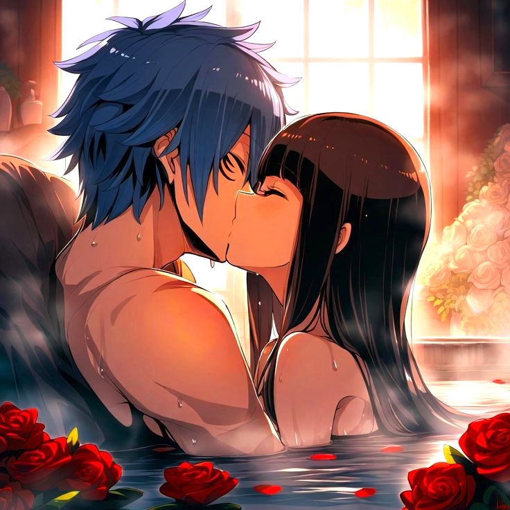 ai_generated anime asian_female blue_hair bouquet closed_eyes crossover crossover_kiss crossover_pairing european fairy_tail flowers flowers_in_background high_school_student hot hot_spring hyuuga_hinata intimate japanese jellal_fernandes kissing kunoichi lips love mage making_out naruto naruto_(series) netorare novelai nude onsen passion_lip passionate passionate_kiss romantic romantic_ambiance roses spiky_hair submerged sundown sunlight sunset tattoo white_flower window wizard young young_couple