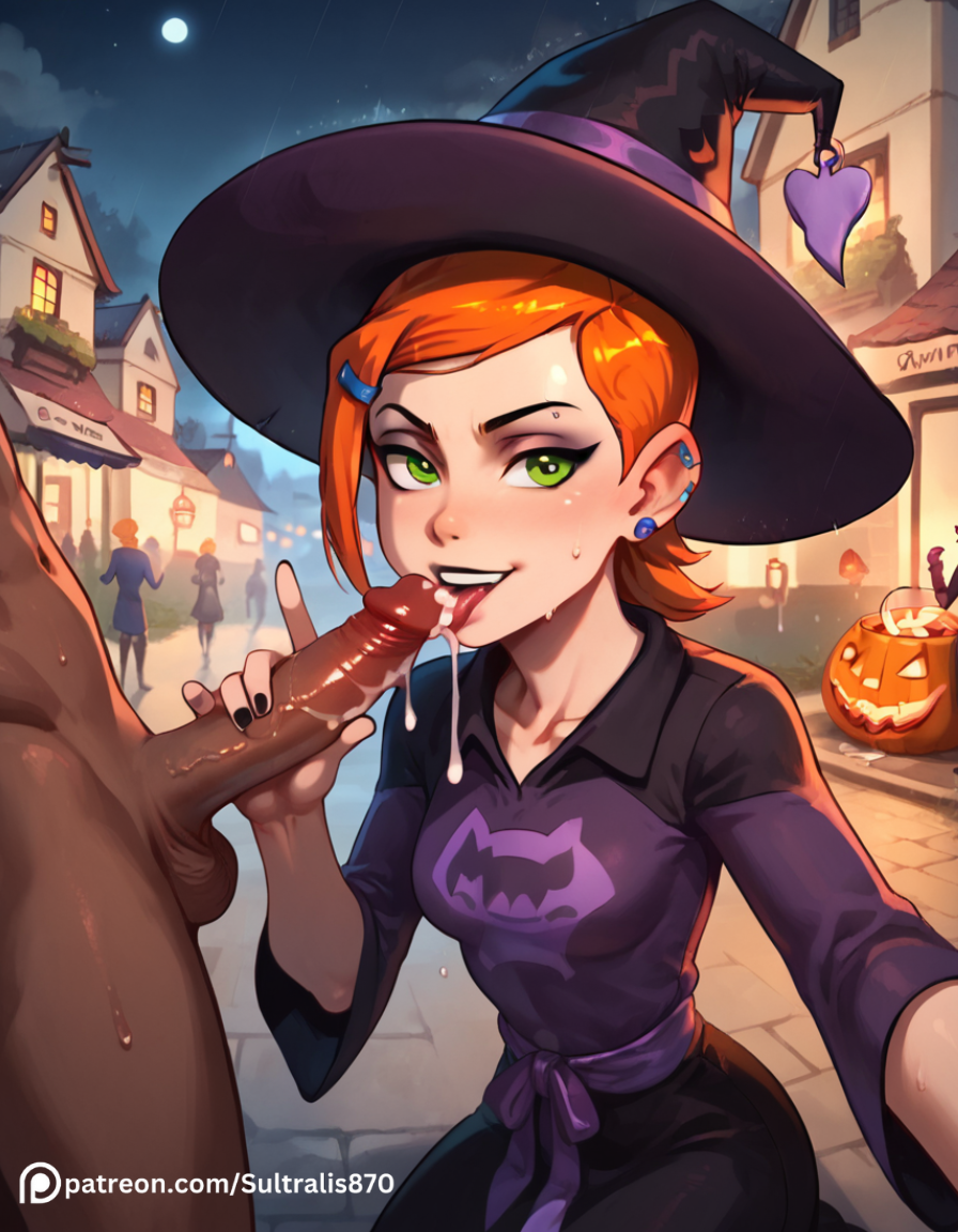 ai_generated artist_request ben_10 blowjob dark-skinned_male green_eyes gwen_tennyson halloween halloween_costume orange_hair penis petite smile smirk sultralis sultralis870 witch witch_hat