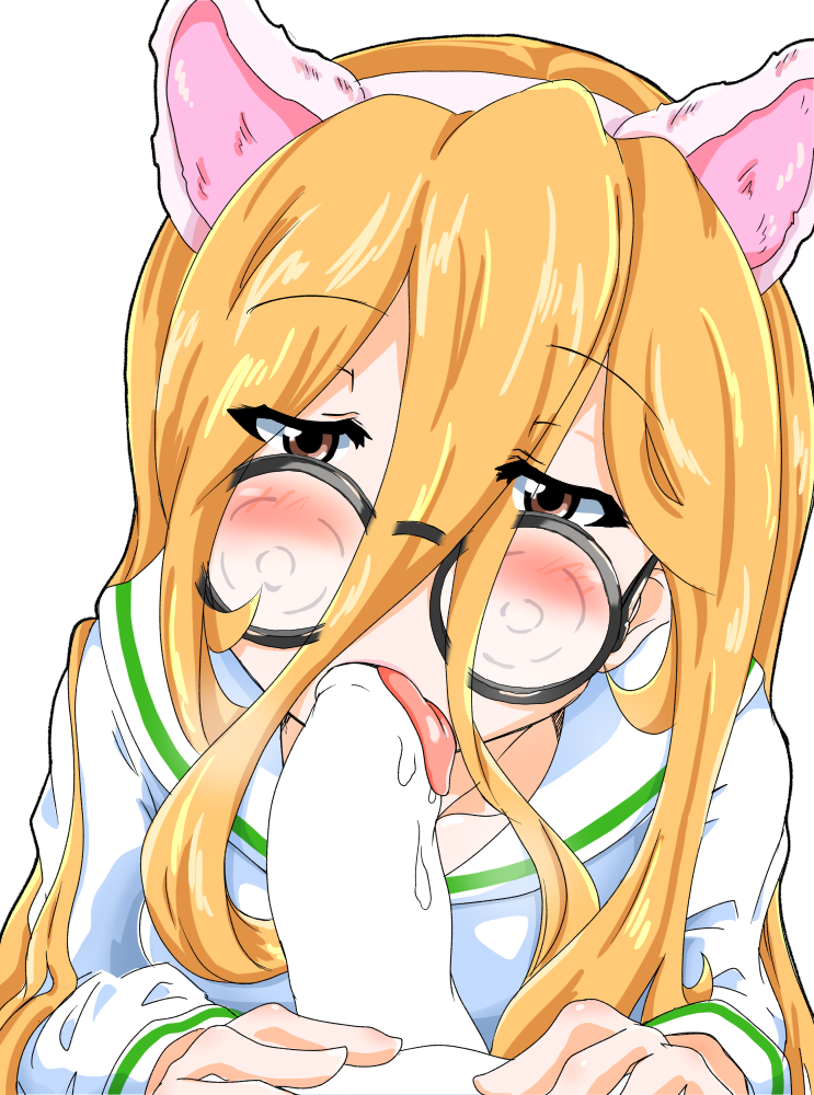 1boy blonde_hair blush brown_eyes cat_ears fellatio female girls_und_panzer glasses licking_penis looking_at_viewer nekonyaa ooarai_school_uniform penis pov straight ten_musu_inu