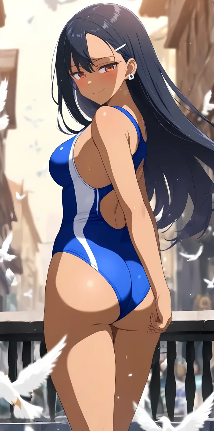 1girls ai_generated bird black_hair earring female grabbing_own_ass hairpin hayase_nagatoro long_hair please_don't_bully_me,_nagatoro swimsuit tan-skinned_female