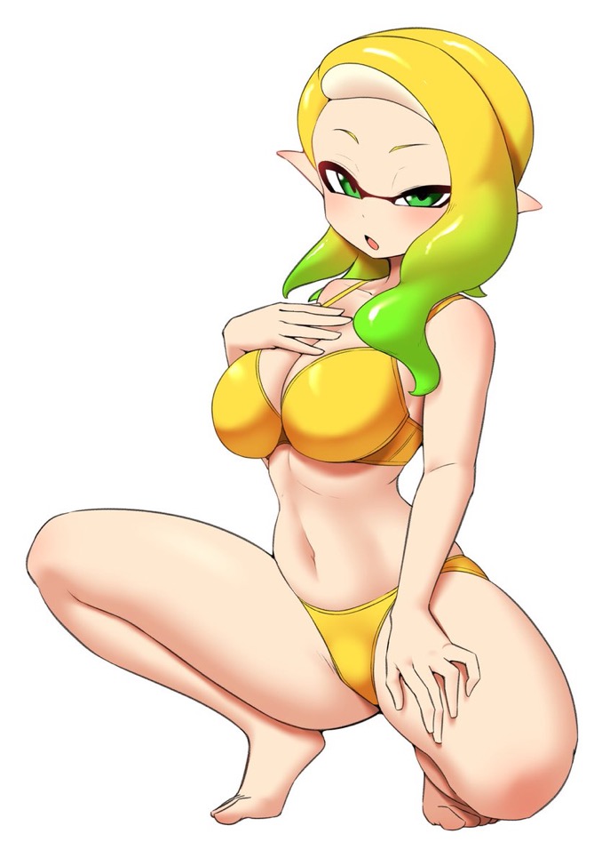 bikini bikini_bottom bikini_top dynamic_pose green_eyes green_hair inkling inkling_girl looking_at_viewer nintendo nobunagapero splatoon swimsuit tentacle_hair two-piece_swimsuit yellow_hair