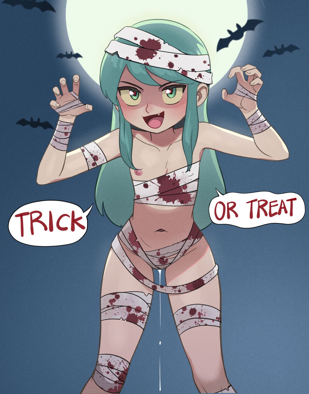 bandages bat bats blood blue_hair blush dialogue dialogue_box fake_blood flat_chest halloween halloween_2024 hilda_(hilda) hilda_(series) hips leaking_cum mangamaster moon mummy mummy_costume netflix night nude oerba_yun_fang partially_clothed partially_nude scary trick_or_treat white_skin