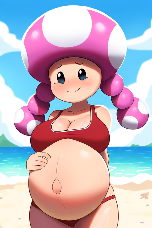 1girls ai_generated beach black_eyes breasts female_focus mario_(series) mushroom_humanoid navel nintendo novelai pink_hair pregnant super_mario_bros. swimsuit toadette twin_braids