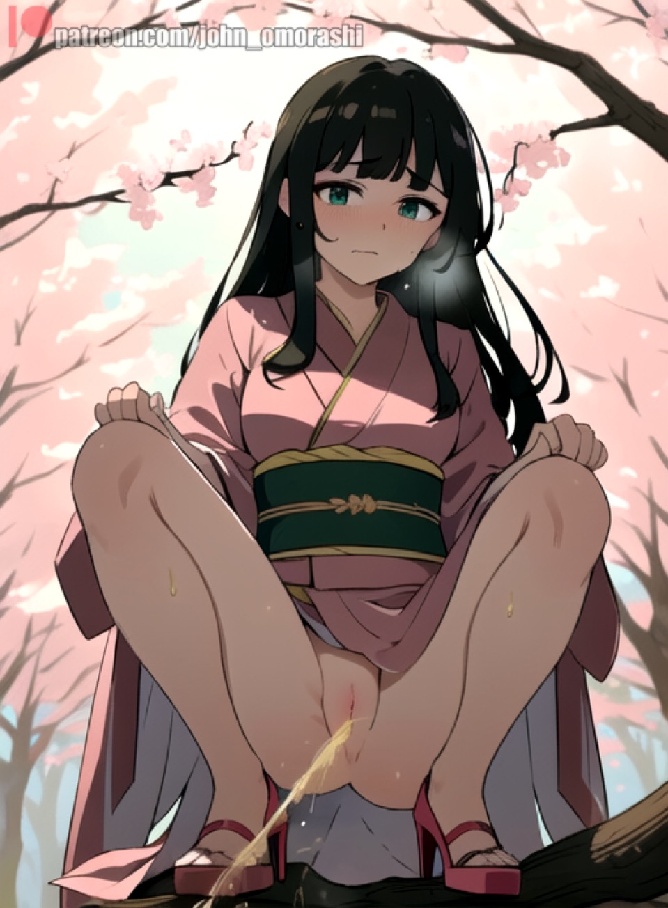 1girls ai_generated black_hair blush cherry_blossoms color embarrassed embarrassed_female kimono kimono_lift omorashi peeing peeing_outside peeing_self pussy shaved_crotch shaved_pussy squatting urinating_female urine_stream