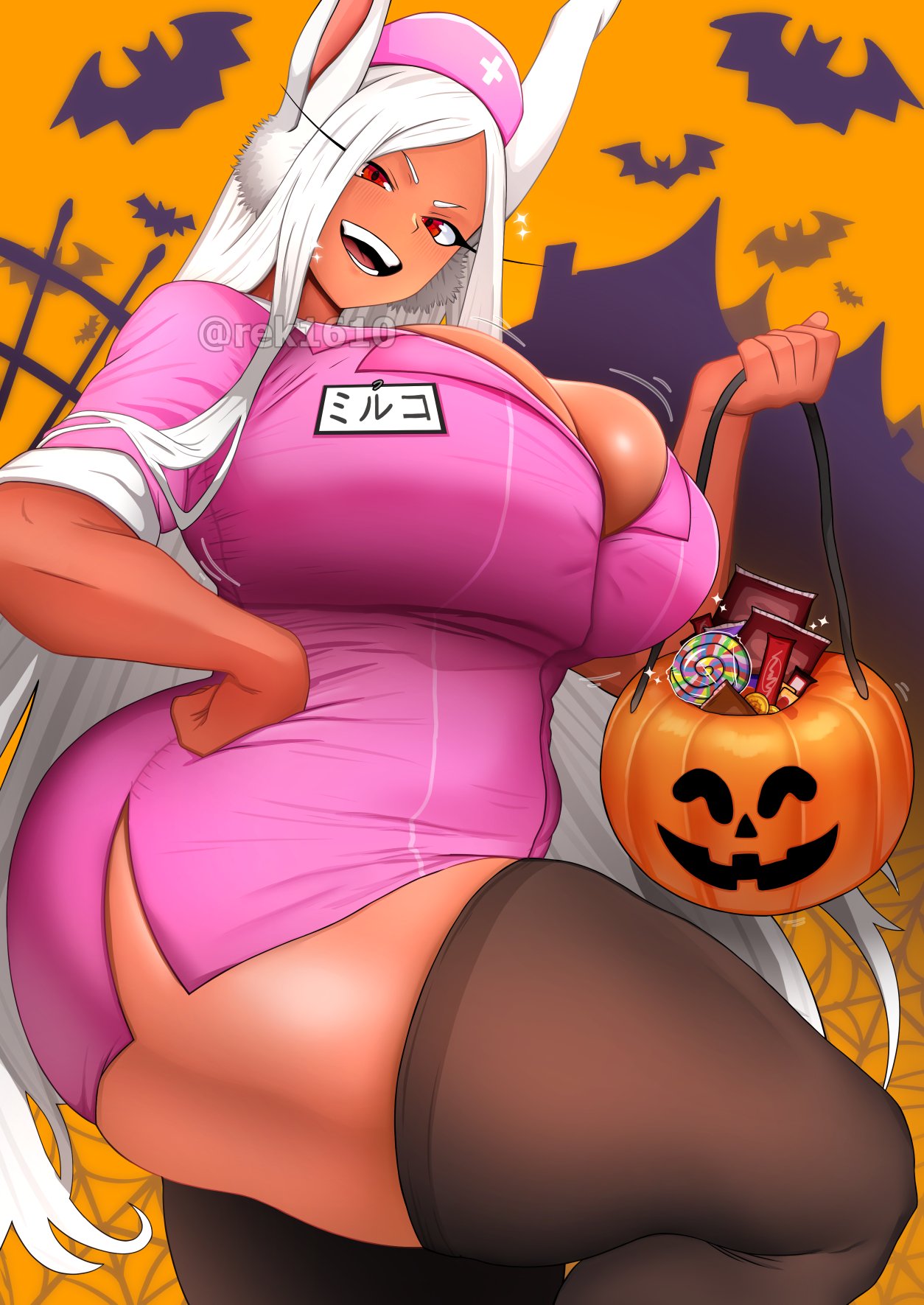 1girls animal_ears big_breasts black_thighhighs breasts bunny_ears candy cleavage female female_only hair halloween halloween_costume hand_on_hip hips holding_object huge_breasts large_breasts legwear long_hair miruko my_hero_academia nurse nurse_cap nurse_clothing nurse_hat nurse_uniform red_eyes rek1610 rumi_usagiyama solo solo_female thick_thighs thighhighs thighs white_hair