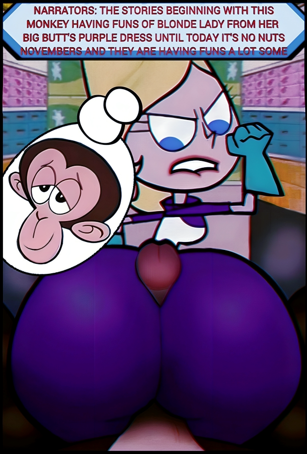 angry_face ass background big_butt big_hips big_penis bitting_lip blonde_hair blue_eyes buttjob cartoon_network covered_buttjob dexter's_laboratory dexter's_mom's_rival dry_humping edit edited_screencap erection furry furry_male hanna-barbera lips monkey_(dial_m_for_monkey) purple_clothing purple_dress red_lips shopping speech_bubble yellow_gloves