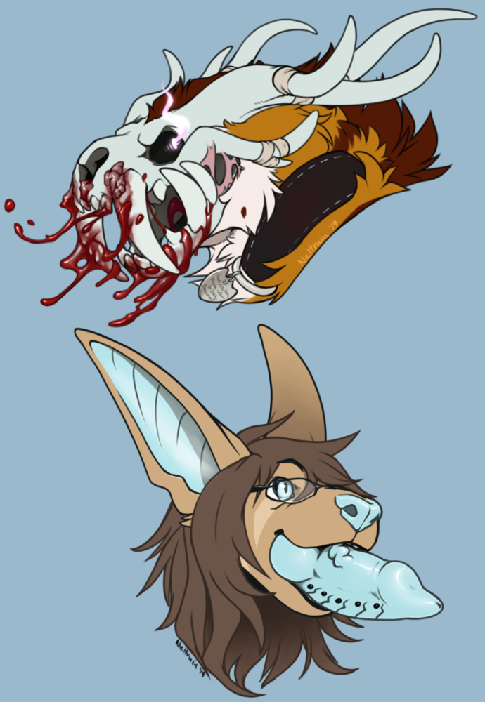 2boys animal_genitalia animal_penis blood bodily_fluids cacomistle canine_penis collar duo duo_focus friendcat_(character) gore knot male male_focus male_only mammal monophallia neltruin penis penis_tongue procyonid razz_(character) skull_creature tongue unusual_genitalia_placement unusual_penis_placement